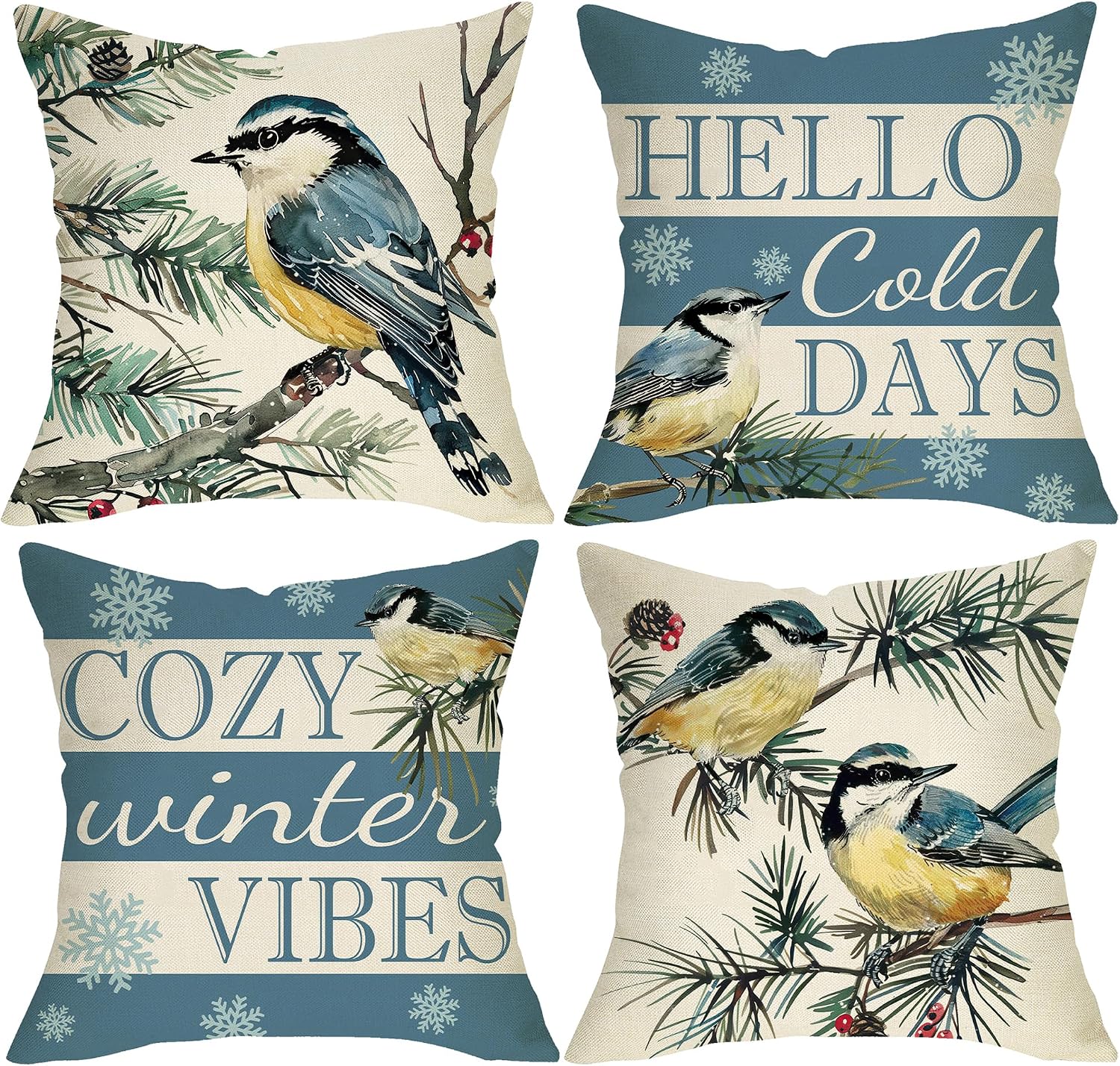 Cozy Winter Vibes Birds Decorative Throw Pillow Covers