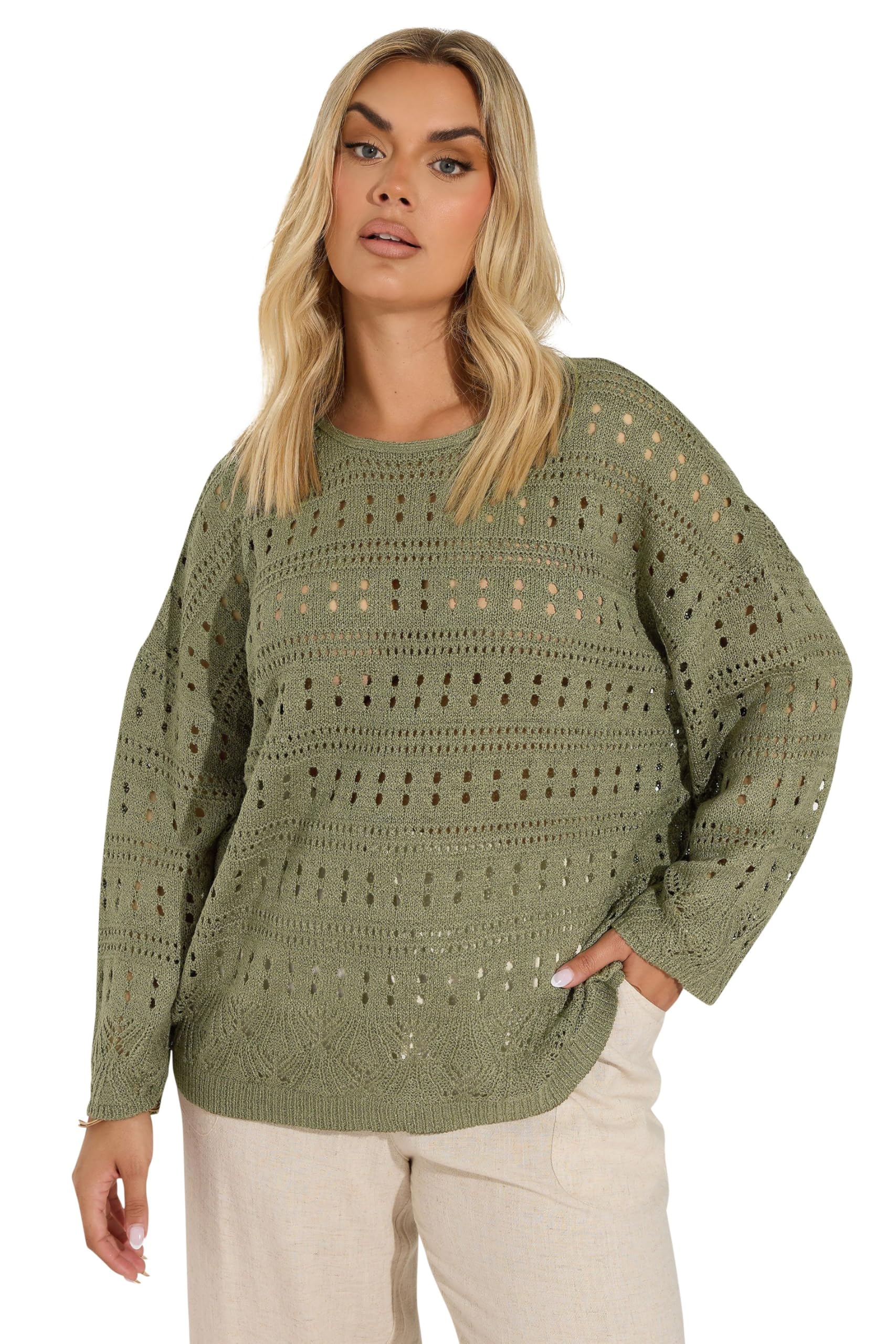 Yours Curve Green Pointelle Knitted Jumper - Long Sleeve Scoop Neck Tie Back - Size 26-28