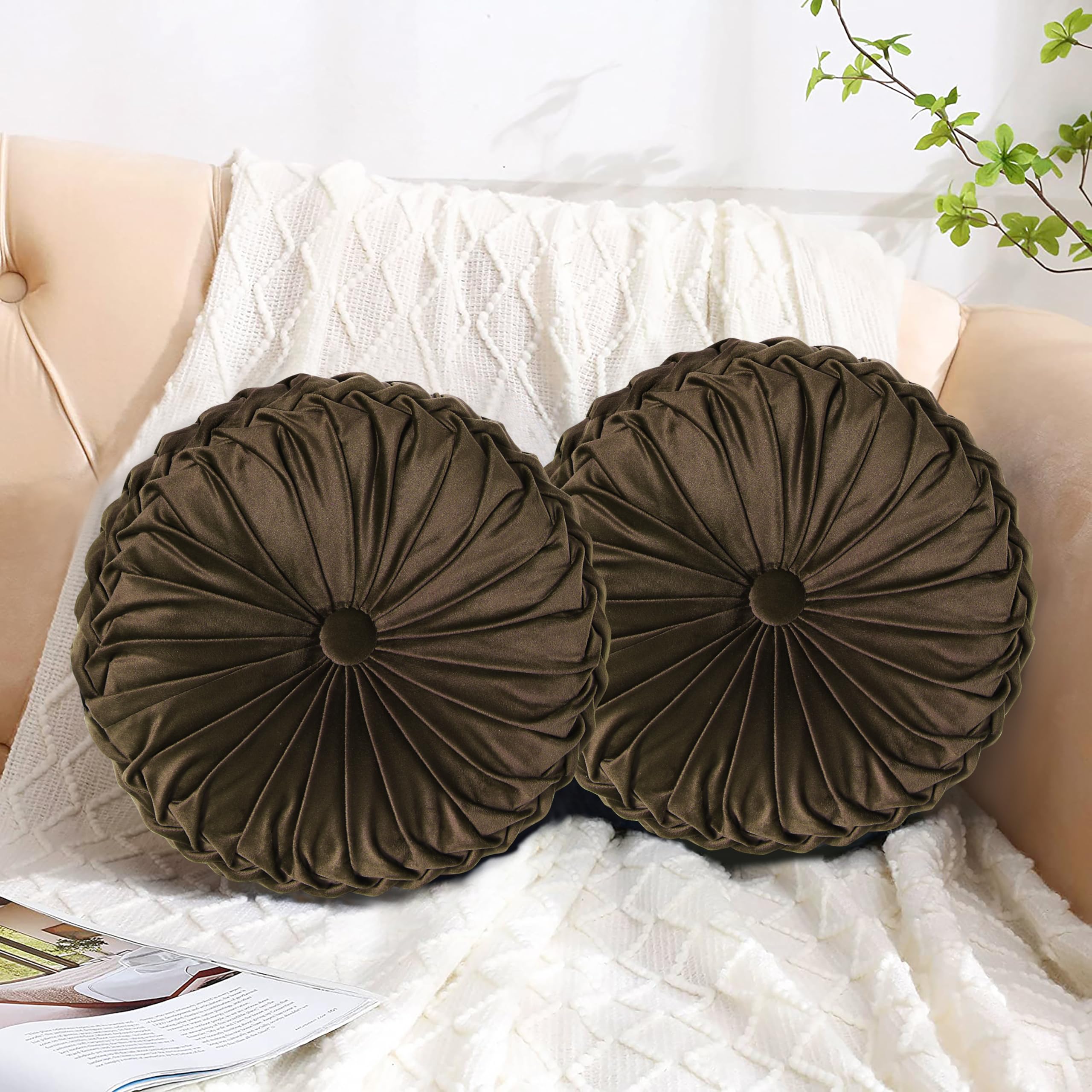 HIG Set of 2 Chocolate Velvet Decorative Round Pleated Throw Pillows