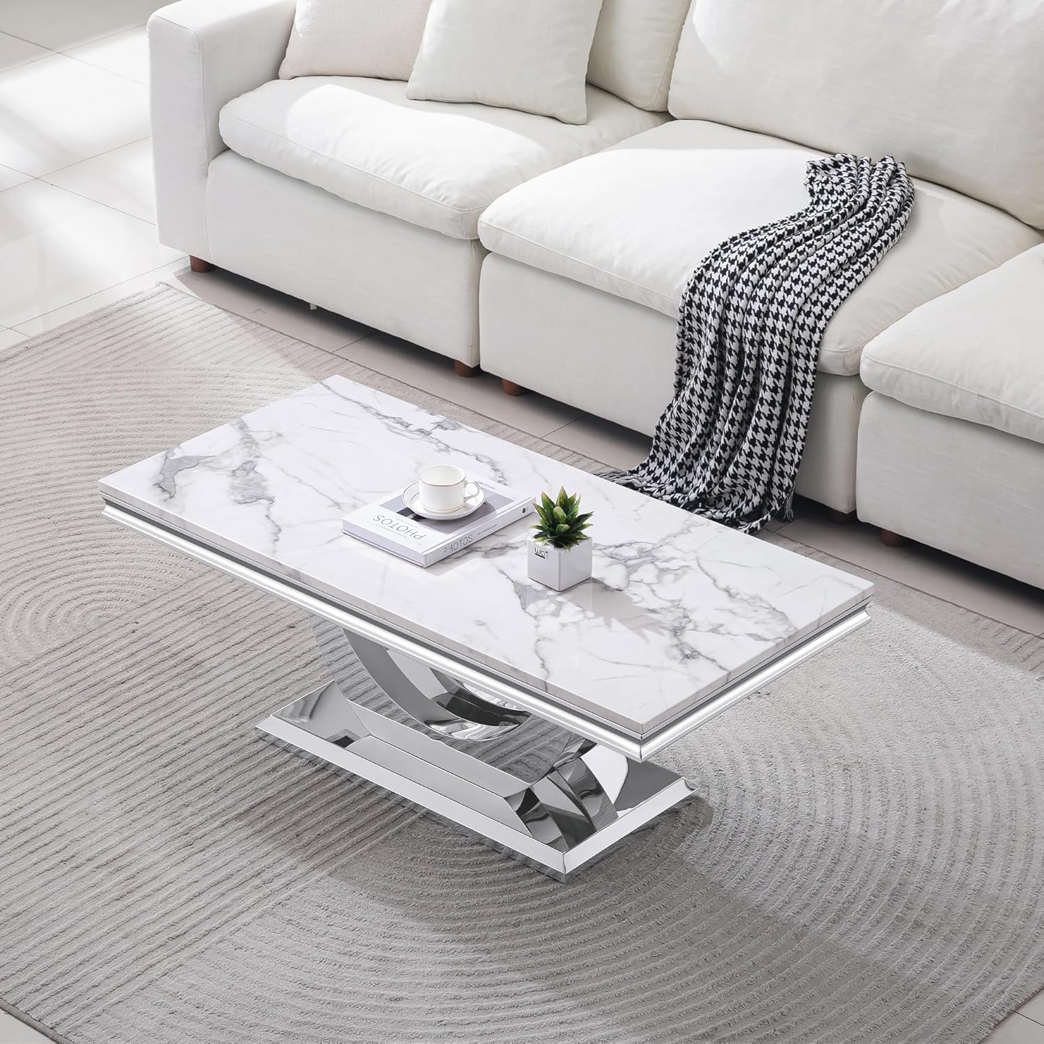 Henf 47" Marble Coffee Table Modern White Faux Marble Center Table with U-Shape Silver Mirrored Base Luxury Rectangular Accent Sofa Table Cocktail Table for Living Room Apartment