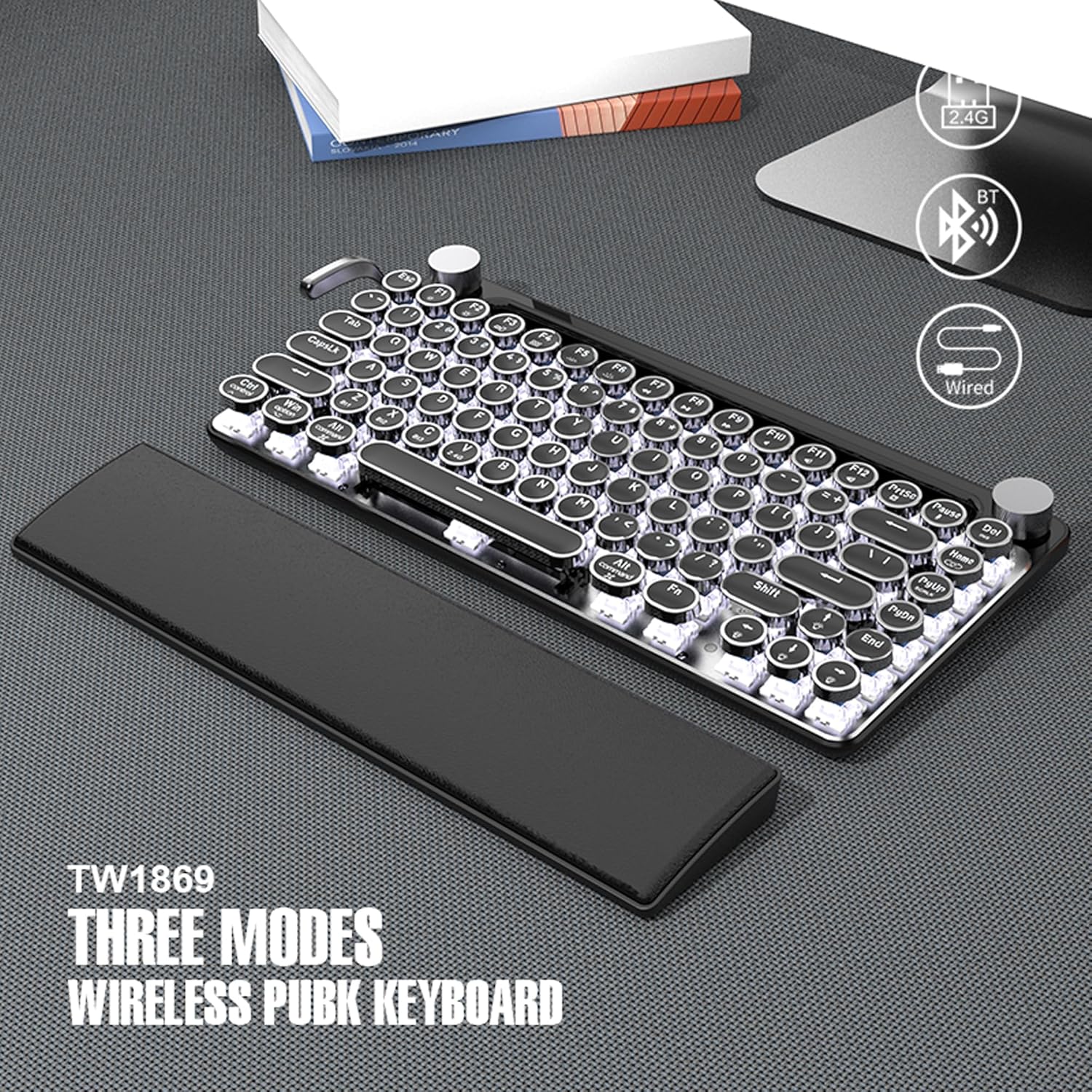 Image showing the three connectivity modes: 2.4G, Bluetooth, and Wired for the 7KEYS keyboard.