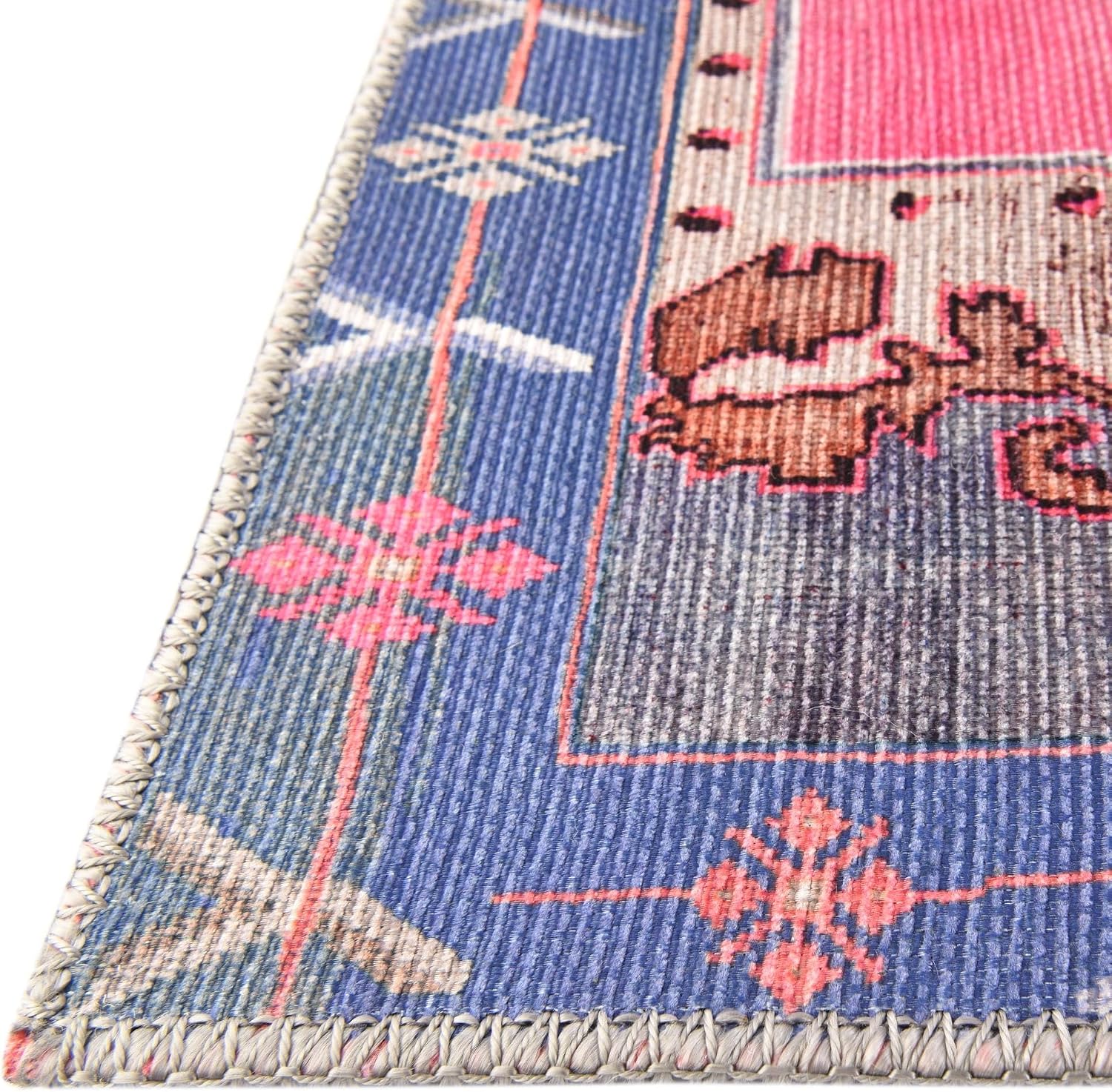 Rugs.com - Timeless Rug – 4 Ft Runner Fuchsia Washable Rug Retro Medallion, Easy-Clean, Perfect for Hallways
