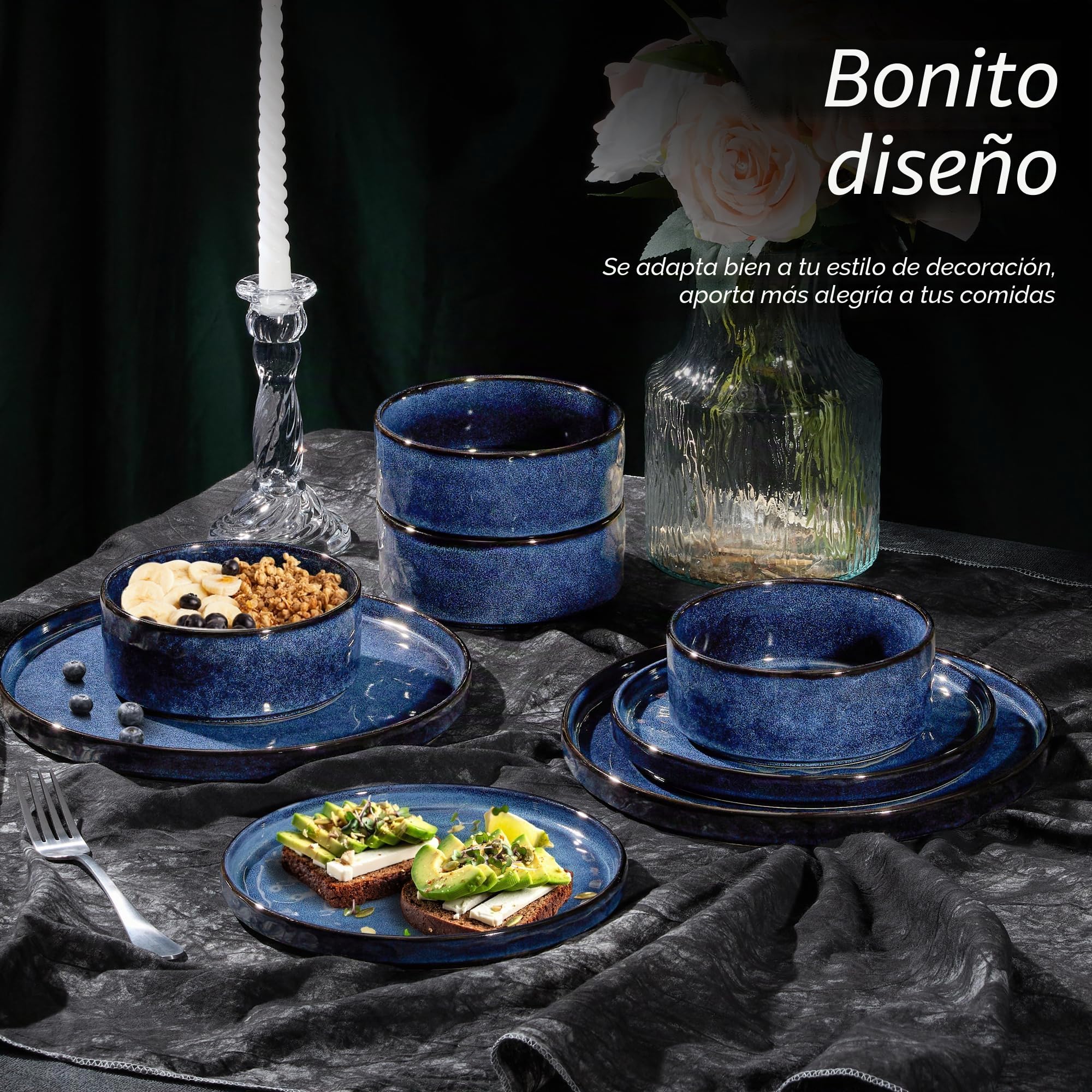 Juego de vajilla Homikit, juego de vajilla de 12 piezas para 4 personas, servicio de mesa combinado con platos llanos, platos de postre y cuencos para cereales, azul noble