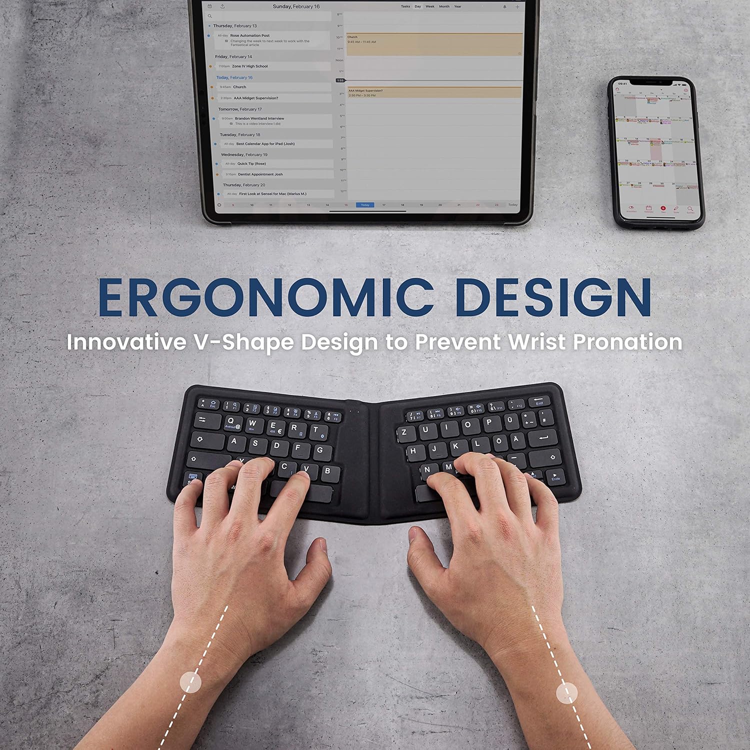 Perixx PERIBOARD-805E US, Wireless Foldable Ergonomic Bluetooth Keyboard, Ultra-Thin X Type Keys, Compatible with iOS, Android, or Windows Smartphone, Tablet, or Laptops, US English