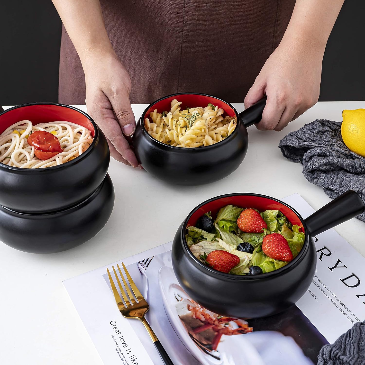  | Bruntmor Set of 4 French Onion Soup Bowls with Handle - 17oz Porcelain Crock Serving Bowls for Cereal, Soup, Rice, Chili, Beef Stew, Oatmeal - Dishwasher and Oven Safe Bakeware, (BLACK/RED): Soup Bowls