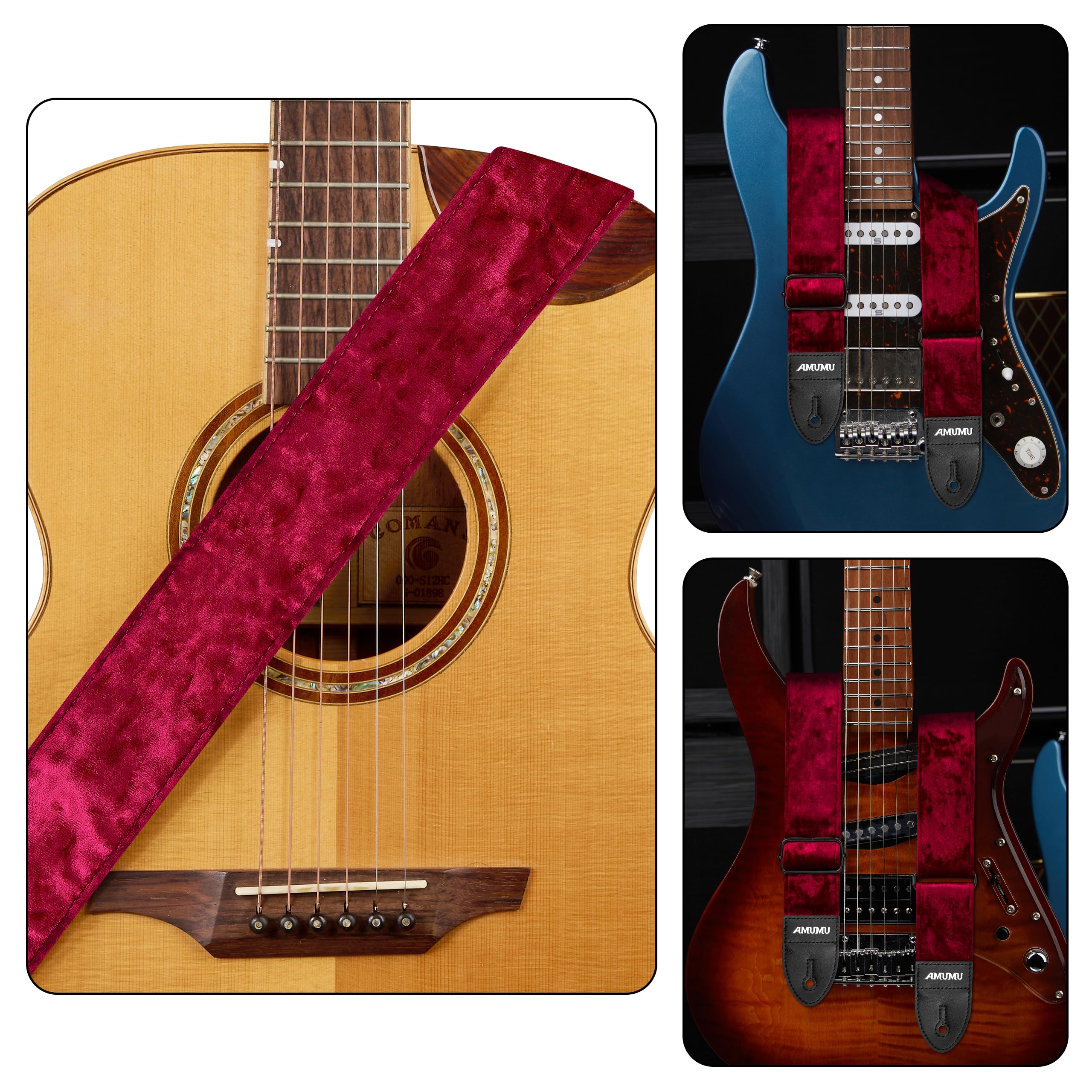 Amumu Sangle de guitare en velours floqué avec extrémités en cuir microfibre – Accessoires de guitare – Convient aux guitares acoustiques, basses, électriques
