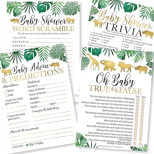 Miniatura 1 de Hadley Designs 50 juegos Safari Baby Shower Género Neutral - 4 juegos de doble cara, tarjetas de predicción y consejos para bebés, preguntas para