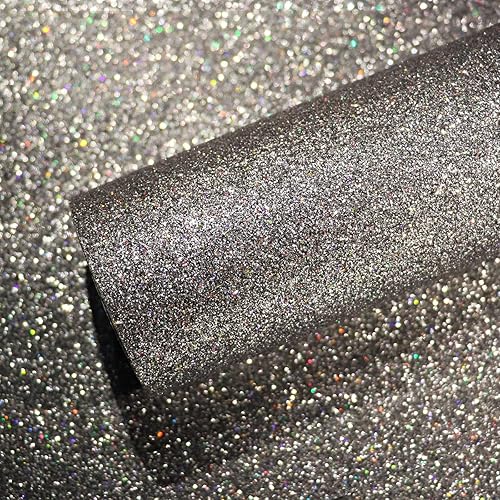 VEELIKE Papel tapiz holográfico de color carbón con purpurina para despegar y pegar, papel tapiz gris con purpurina para dormitorio, sala de estar,