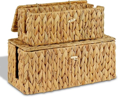 Miniatura 1 de efluky Paquete de 2 cajas de organización de cables tejidas a mano, caja organizadora de cables de jacinto de agua con tapa, 2 ranuras abiertas para