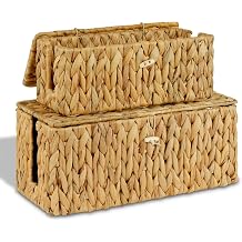 efluky 2 Pack Water Hyacinth Floor Cord Covers with Lid, Hand-woven Cable Management Box, 2 Open Slots Cord Box to to Hide USB Wire, Power Strip & Charger for Home & Office and Dorm, Natural