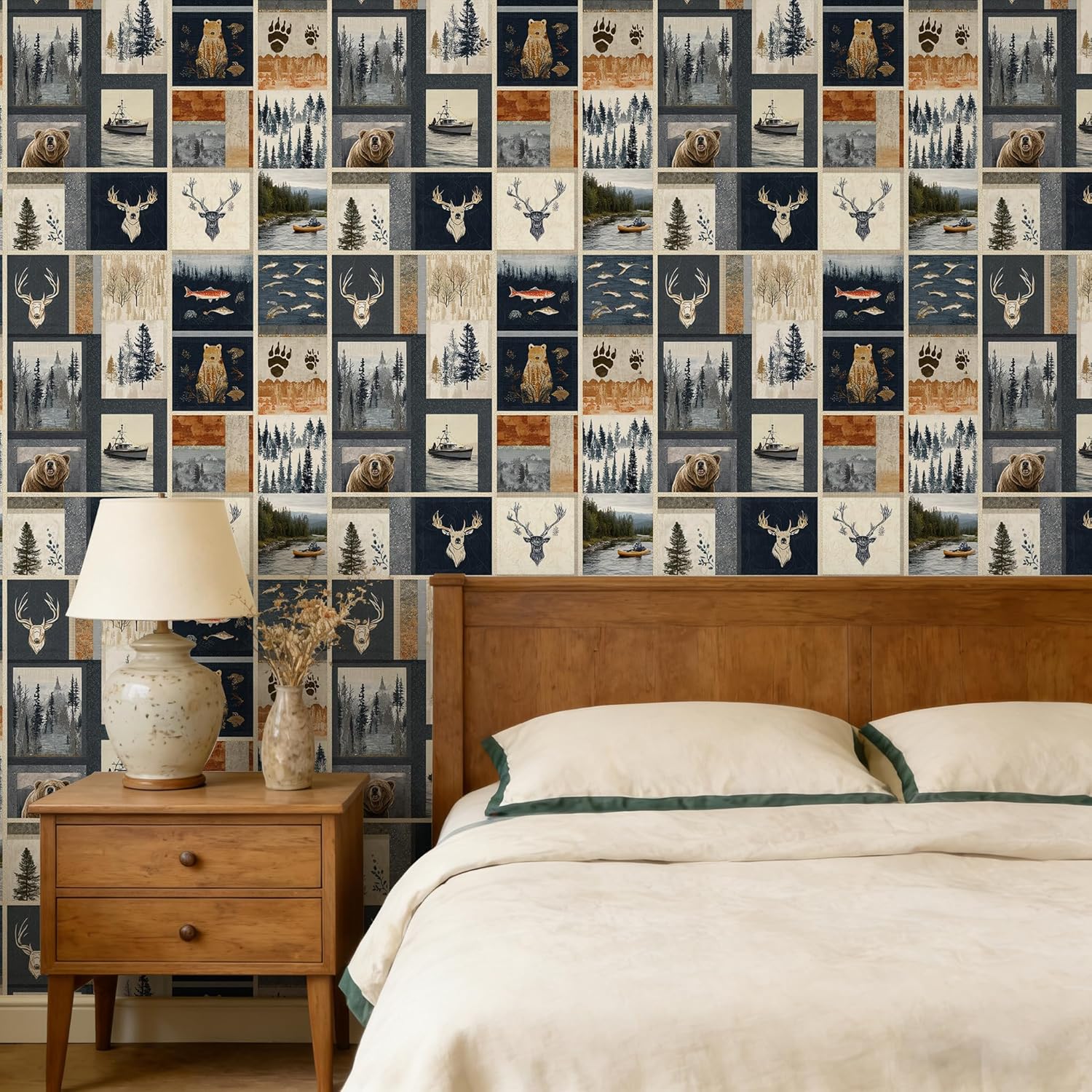 Peel and Stick Wallpaper - American Outdoor Wildlife & Camping Collage, Removable Rustic Forest Mural for Living Room & Bedroom, 17.7x236 Inch