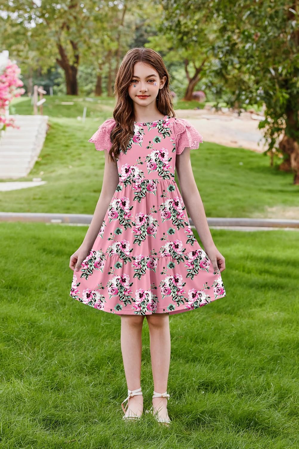 Arshiner Girls Summer Dresses Casual Flutter Sleeve A-Line Midi Dress with Pockets for 6-14 Years