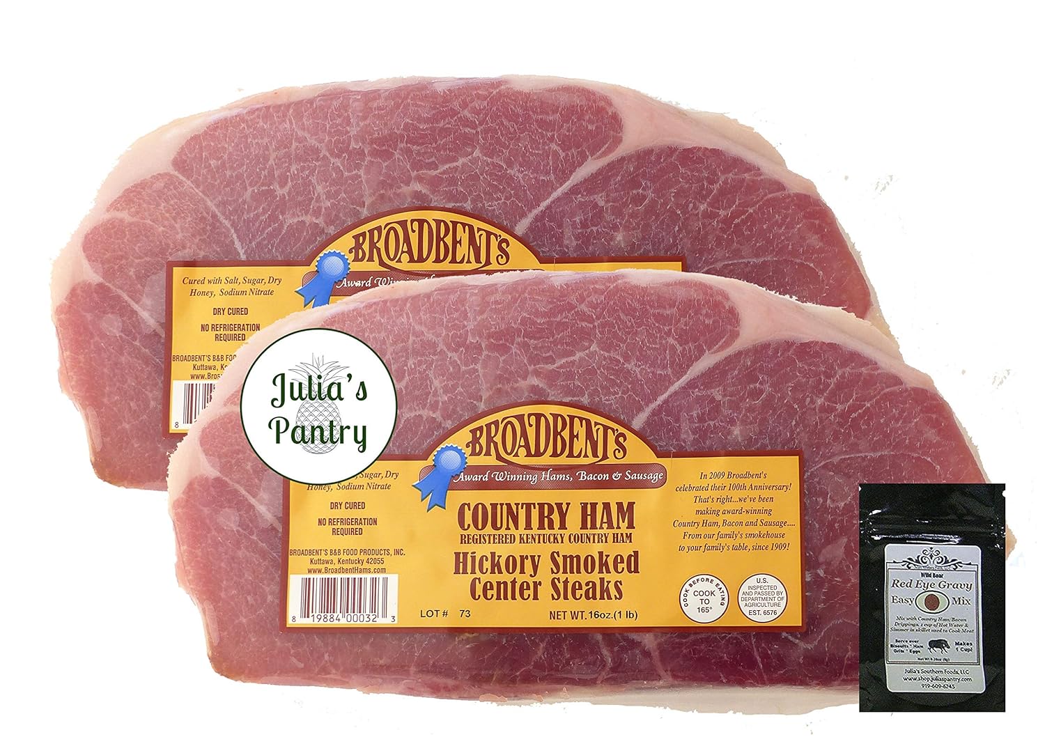 Julia's Pantry Premium Cured Country Ham Hickory Smoked Center Steaks 2 - 1# Packages with Red Eye Gravy Sample