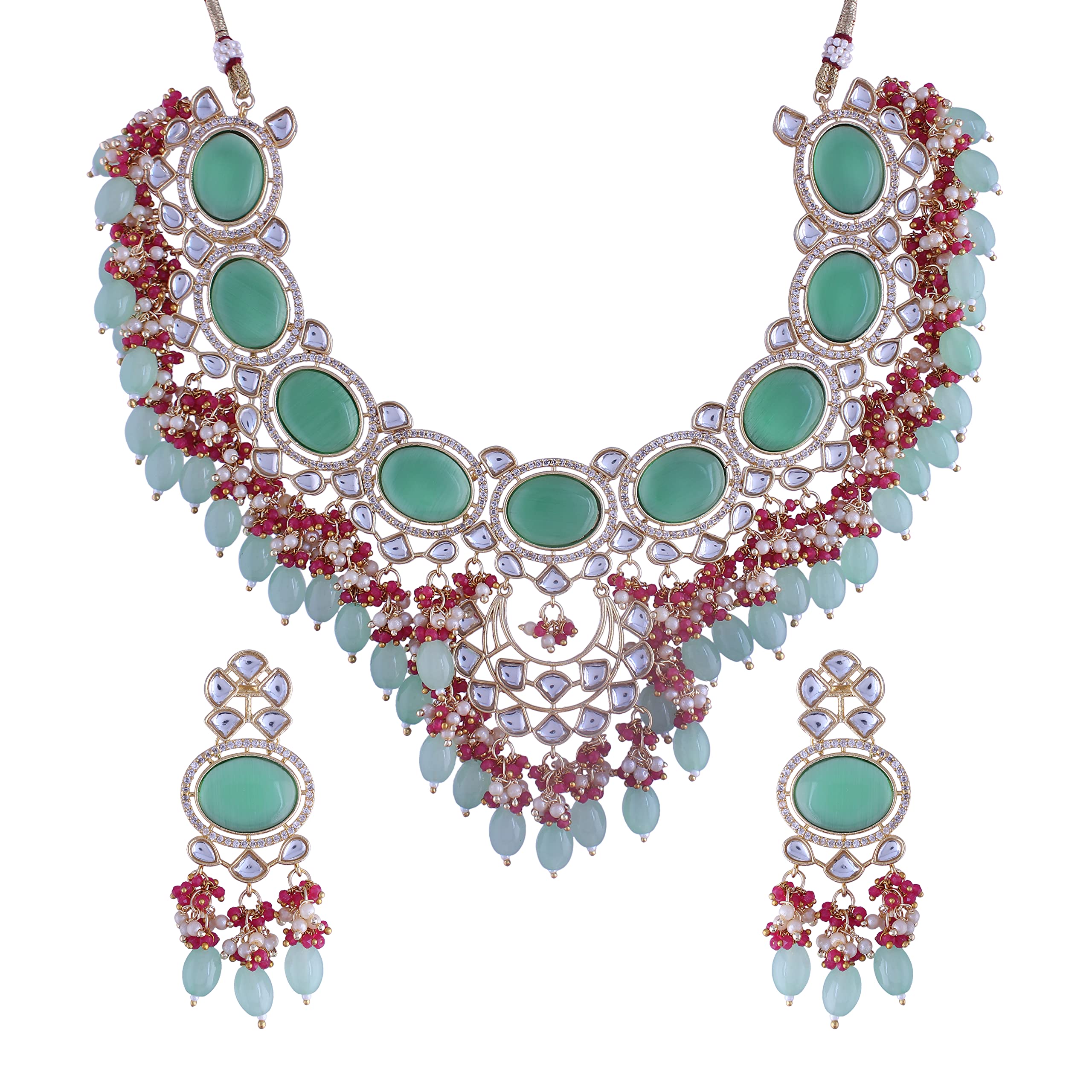 I Jewels Gold-Plated Pink Kundan Beaded Jewellery Set for Women & s