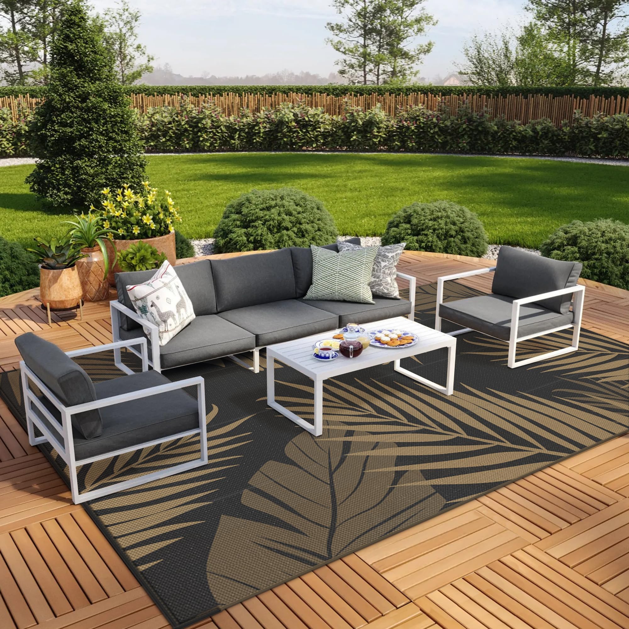 GENIMO Tappeto da Esterno Antipioggia, Impermeabili Eeversibili Lavabili,Tappeto per Terrazze,Giardini,Camper,Picnic,Balcone,275x365cm,Nero & Marrone