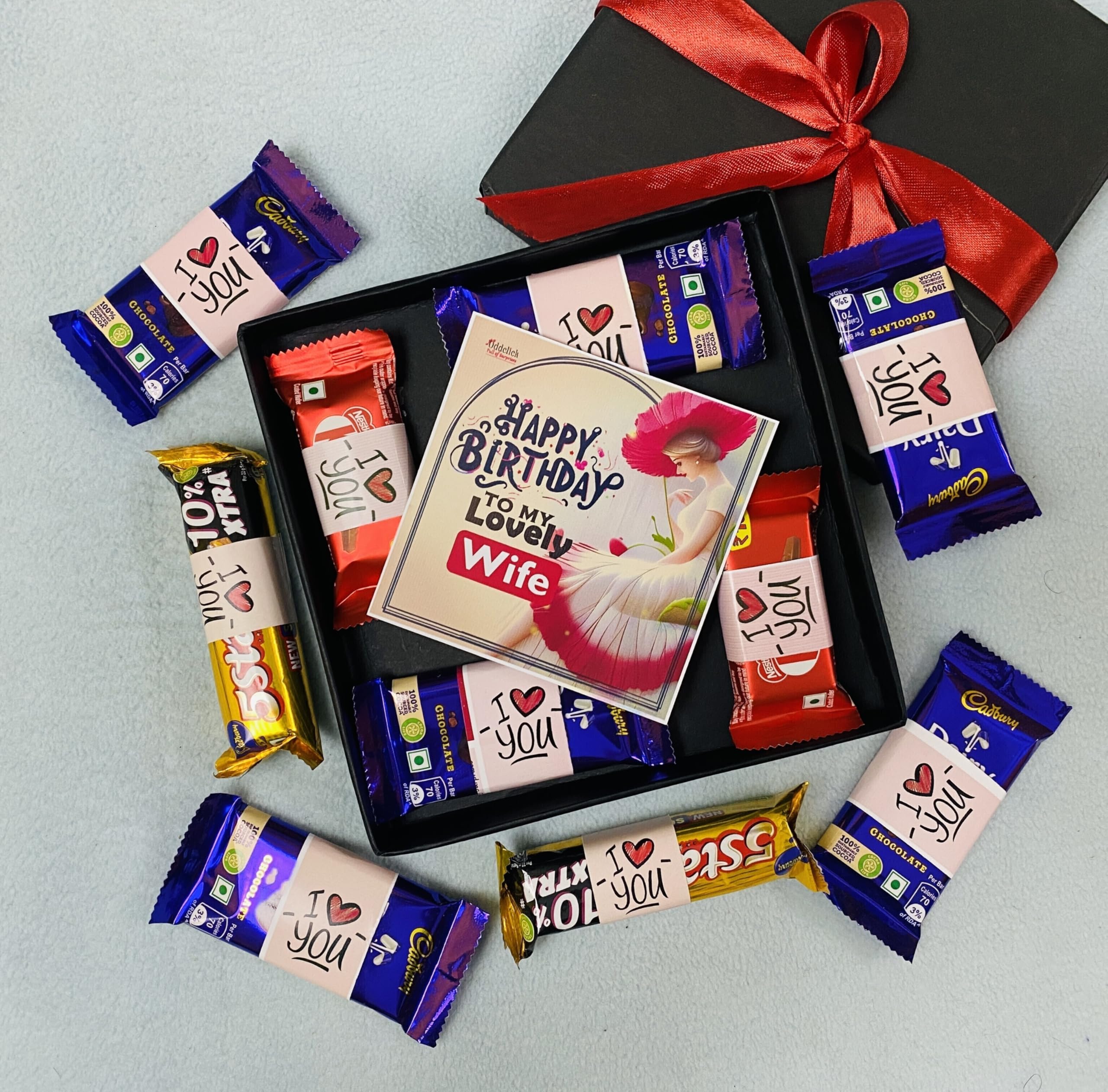 OddClick Birthday Gift Box for Wife with Assorted Chocolates and Greeting Card, Black Box with Red Bow-image-30