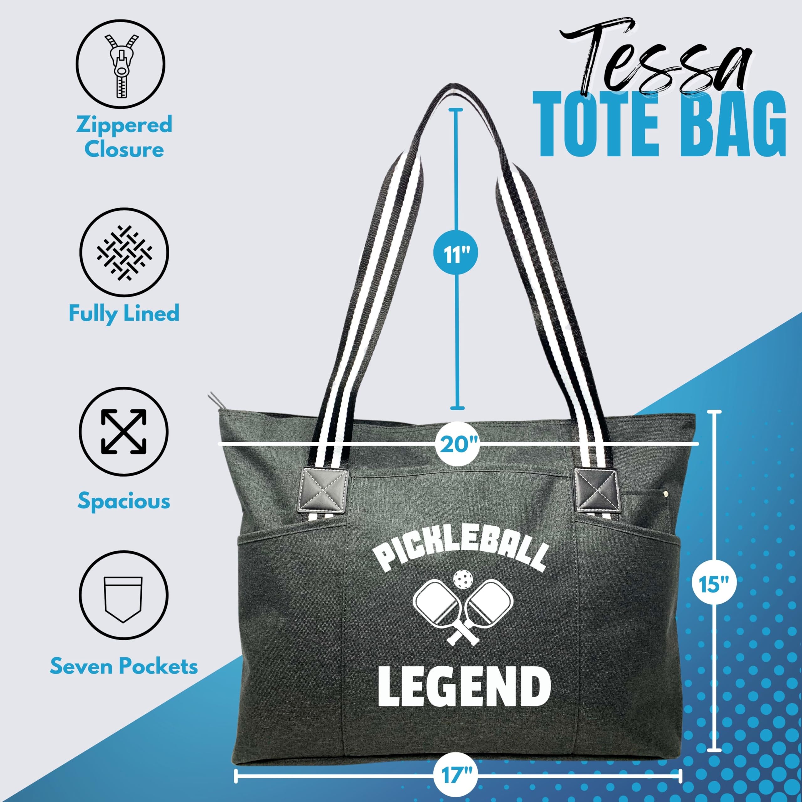 Sports Mom Large Zippered Tote Bag with Pockets for Women (Pickleball Legend Tessa Black)