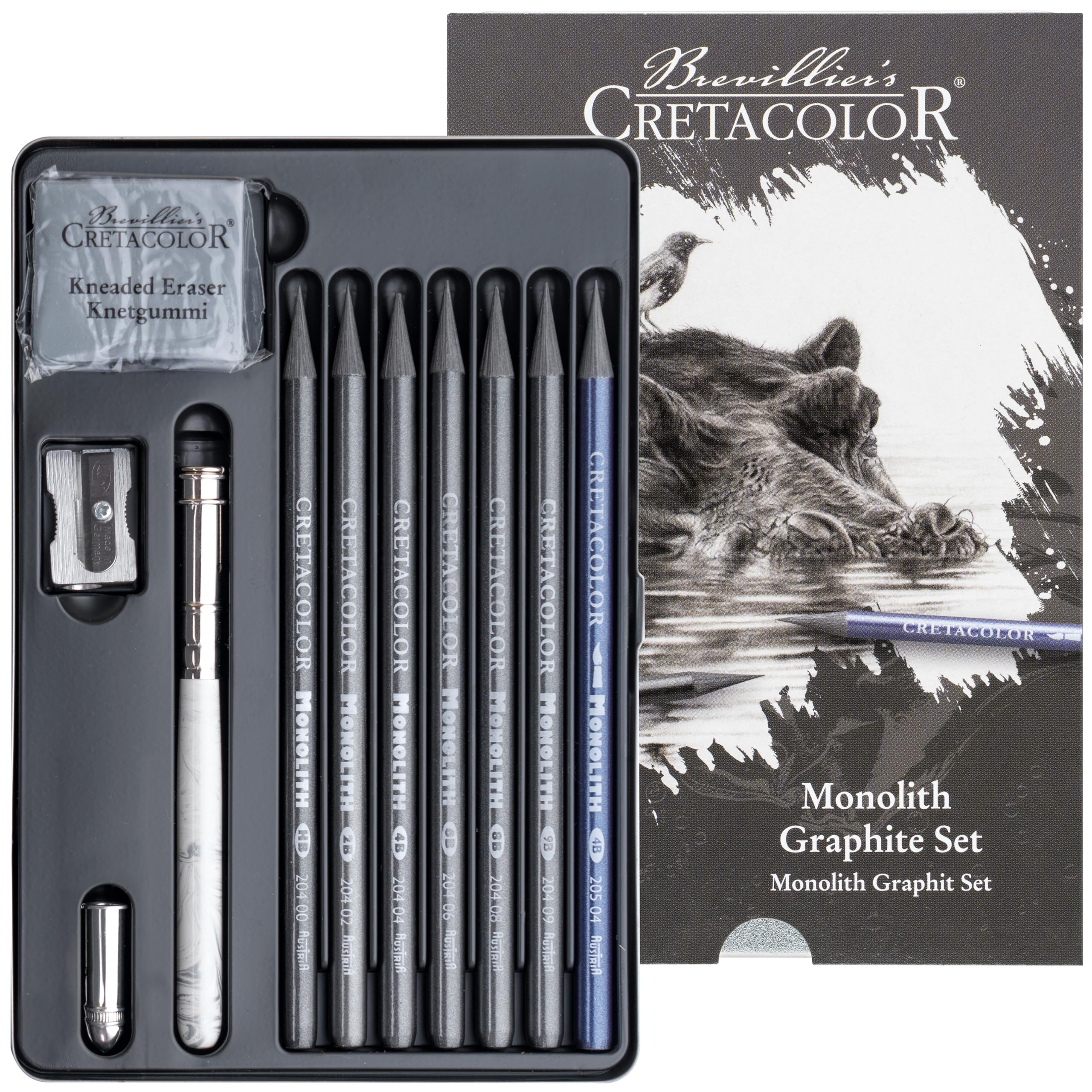 CRETACOLOR Monolith Graphite Set - Artist Pens Made of Full Lead with Accessories - Drawing Set with Water-soluble Graphite, Kneading Rubber, Sharpener & Holder - for Draftsmen & Creatives