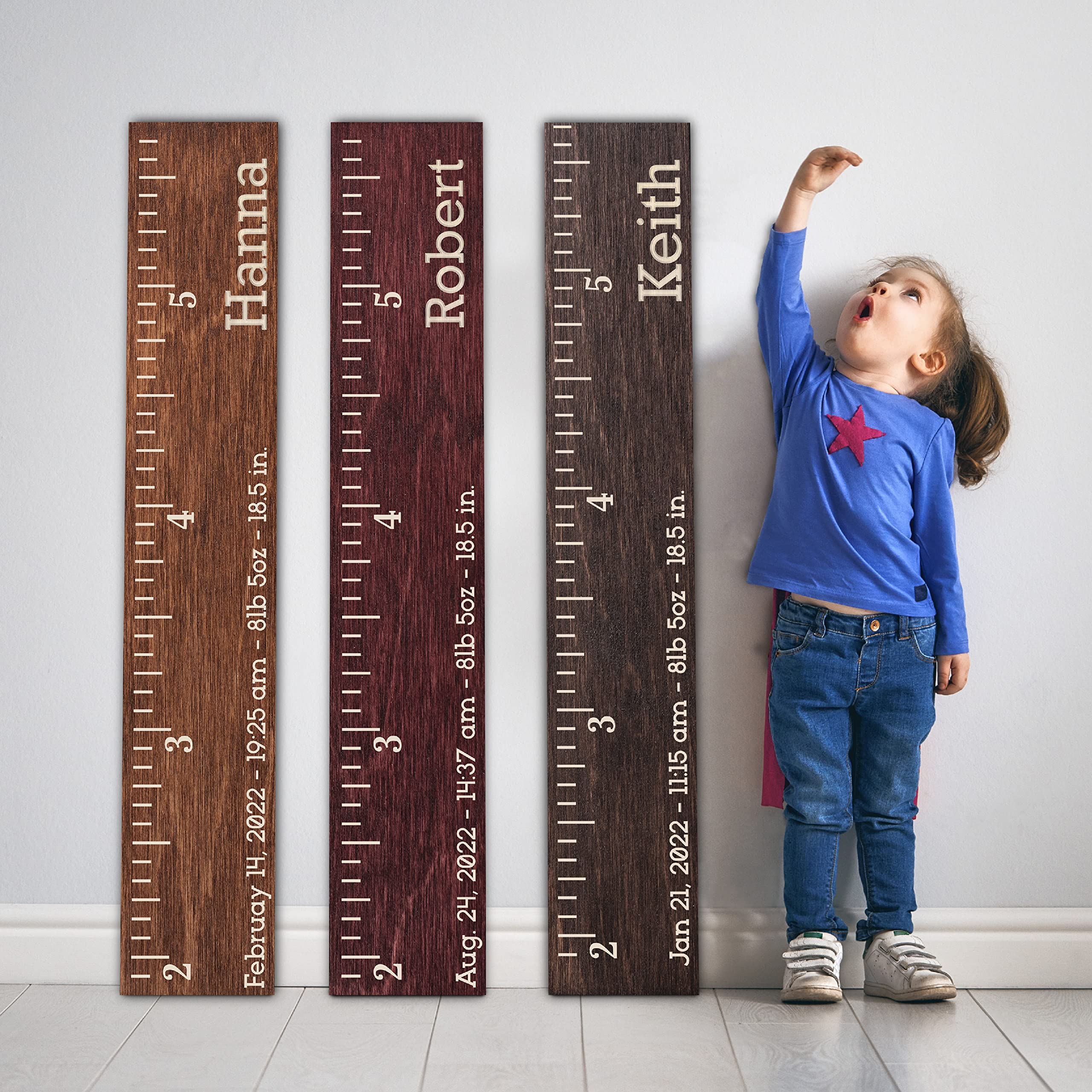 Personalized Wooden Kids Growth Chart Ruler for Boys & Girls, Custom W/Name - Text, 5 Various Wood Colors - Nursery Hanging Wall Decor, Unique Baby Shower Newborn Gift, Wood Height Measure Chart
