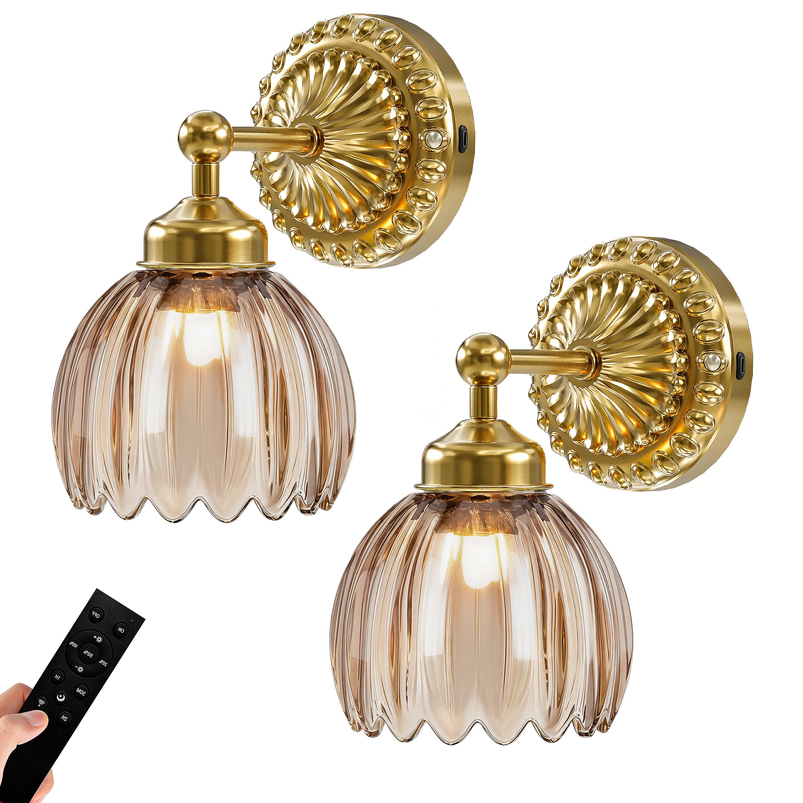Vintage Battery Rechargeable Wall Lights Set of 2, Amber Tulip Glass Shade