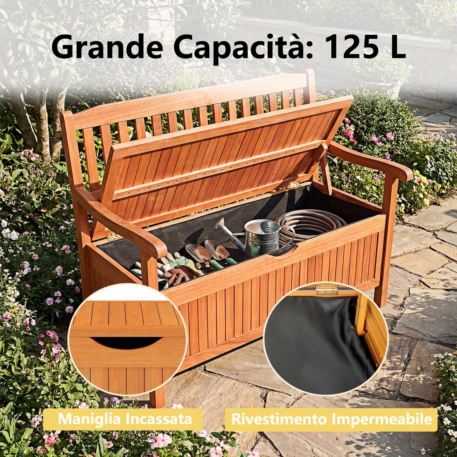 RELAX4LIFE Panchina da Esterno 2 Posti, Panca Contenitore in Legno di Acacia con Cassapanca, Schienale e Braccioli, Strato Interno Impermeabile, Max 360KG per Interno/Giardino (Arancione, 107×59×90cm)