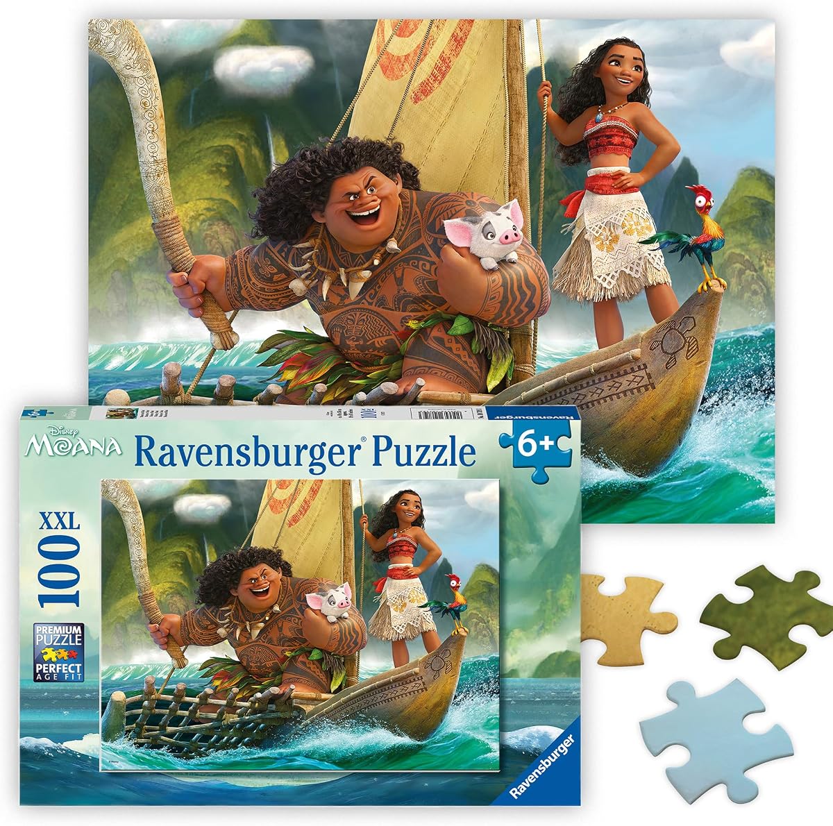 Ravensburger - Disney Moana & Maui - Rompecabezas de 100 piezas - Escena favorita de la película Moana - Colores impresionantes y brillantes - Calidad Premium - Regalo ideal - Diversión sin pantallas - Niños a partir de 6 años
