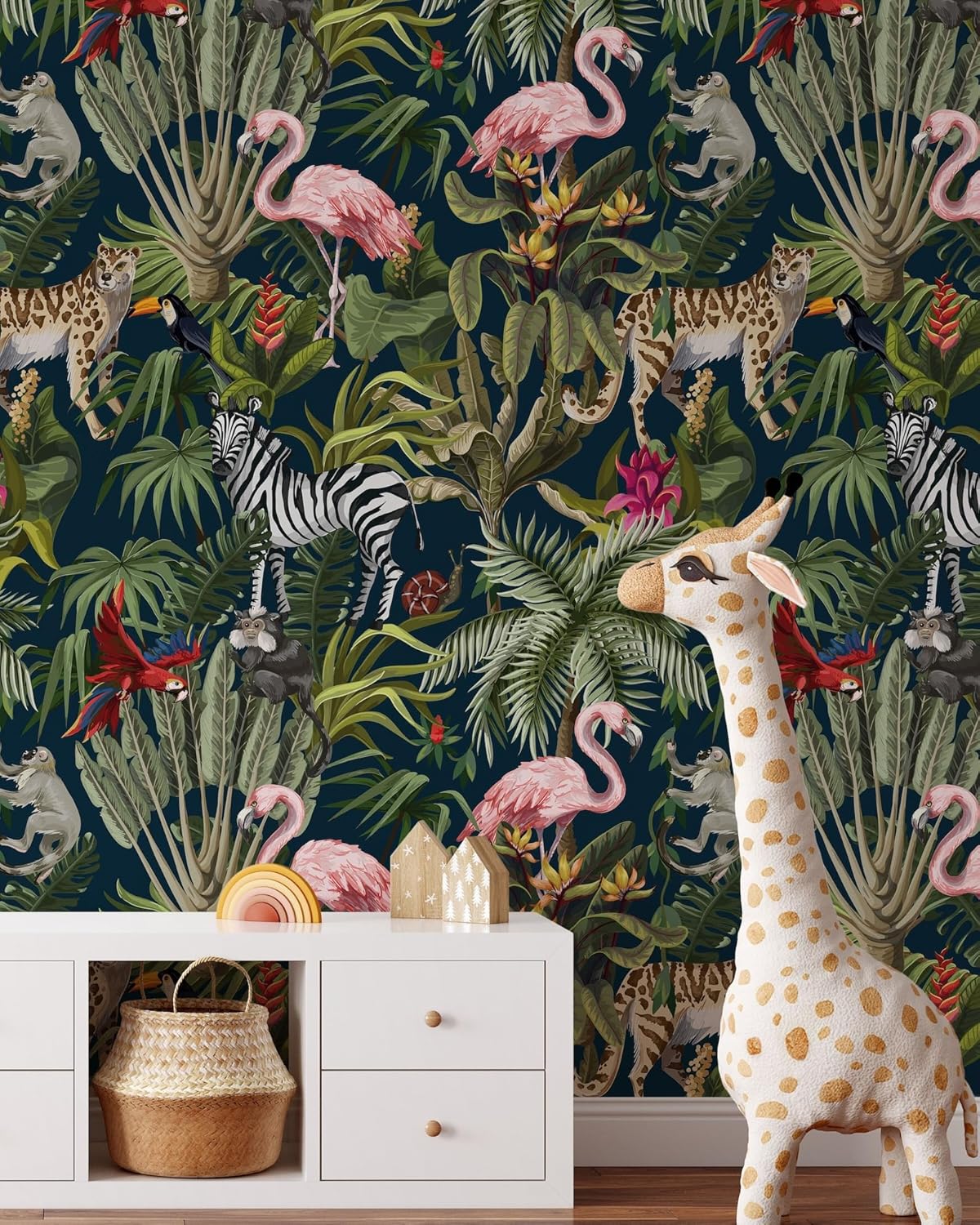 Jungle Animals Wallpaper | Removable Peel & Stick Tropical Mural | Safari Animals Kids Self Adhesive Wallpaper (1 roll 24" W x 96" H)