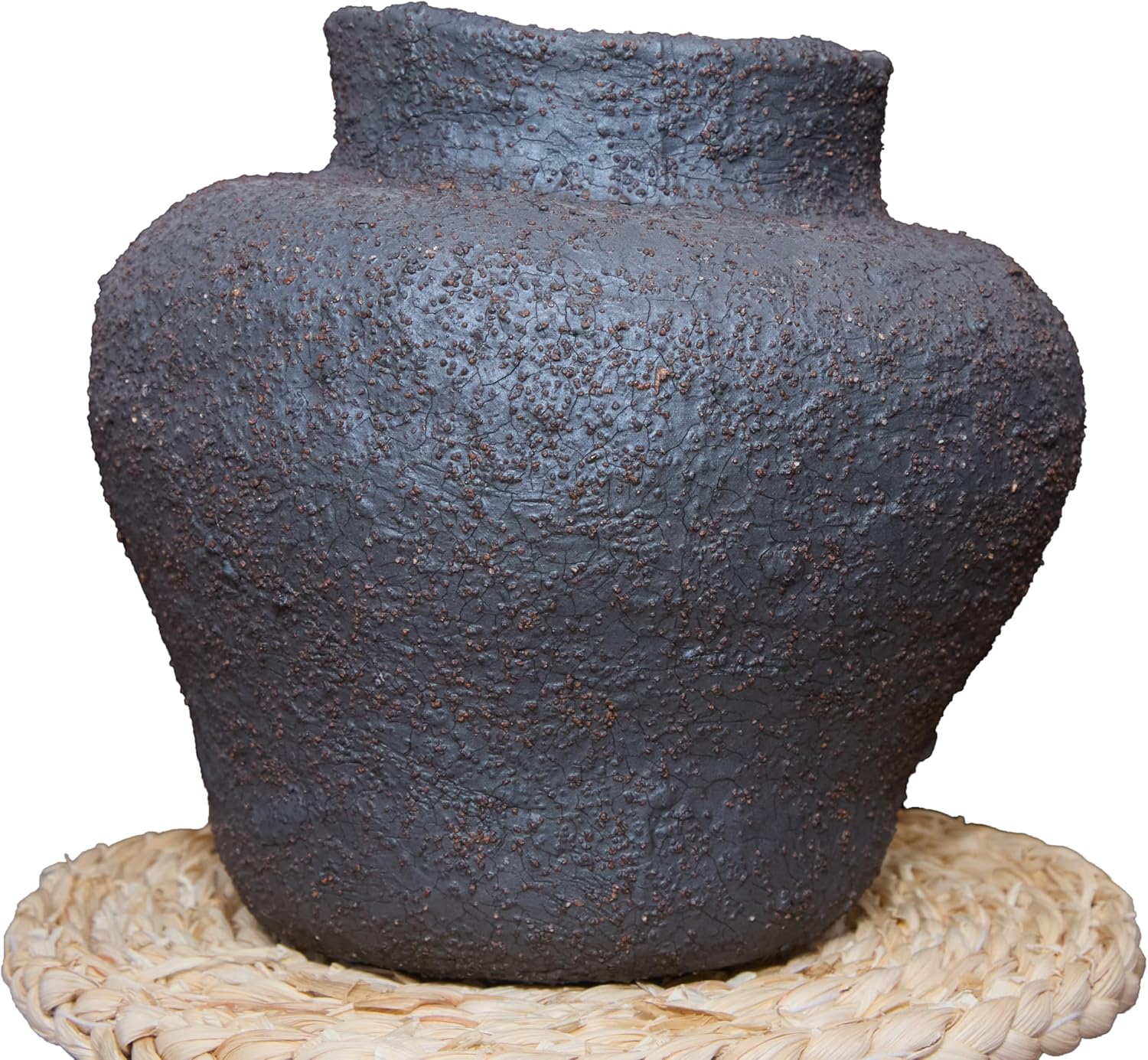 Rustic Wide Mouth Ceramic Flower Vase Vintage Farmhouse Style Decor, Frosted Texture Pottery for Home Decor, Modern Living Room, Office Desk Table Centerpiece (Black) 5.5IN