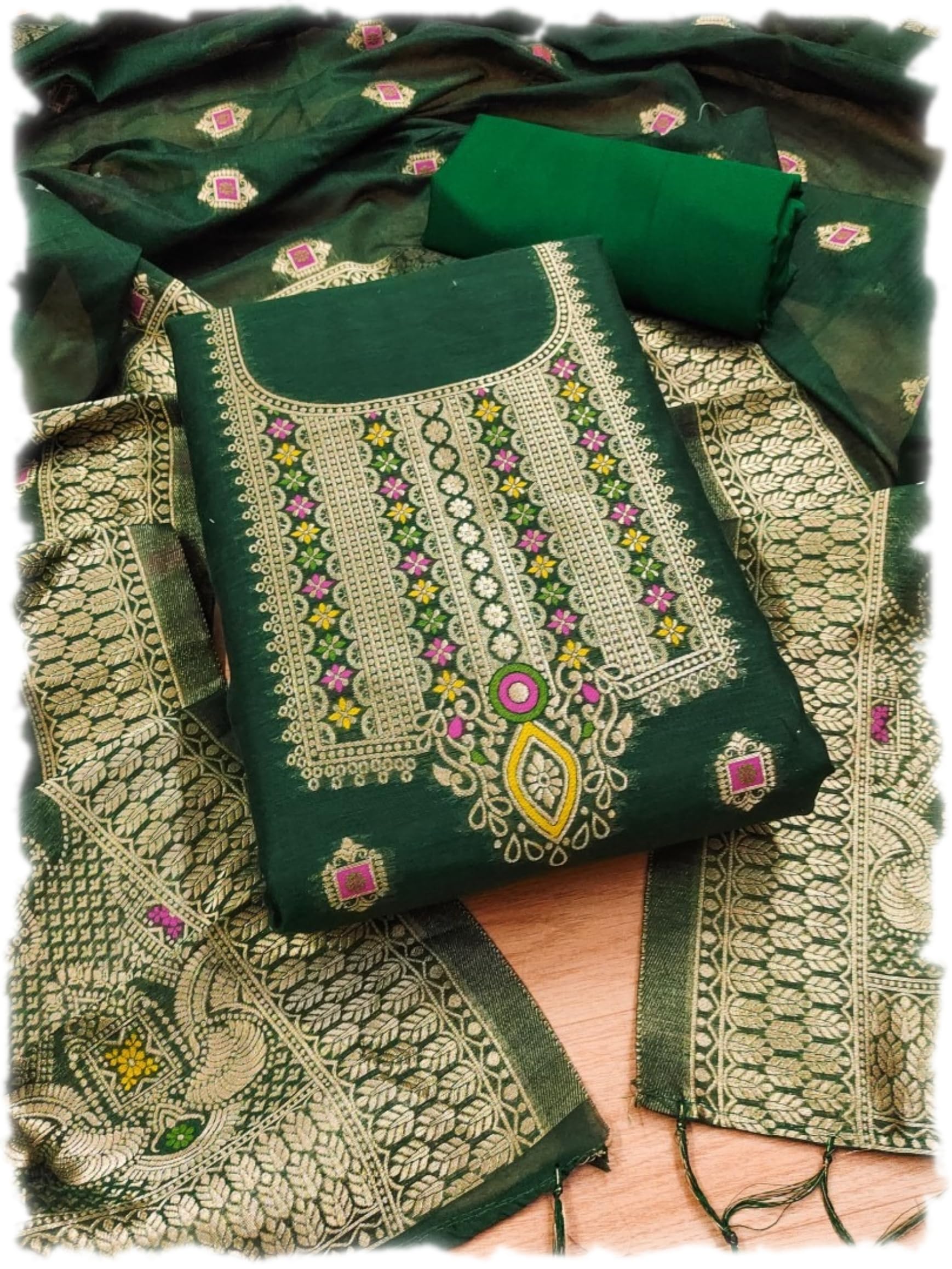 Chanderi Suit Vol 5 | Pure Chanderi Banarasi Silk (3m) | Soft Cotton Bottom (2.5m) | Woven Chanderi Banarasi Silk Dupatta (2.3m) with Tassels, Unstitched Material, Fits up to 60”, Length 48