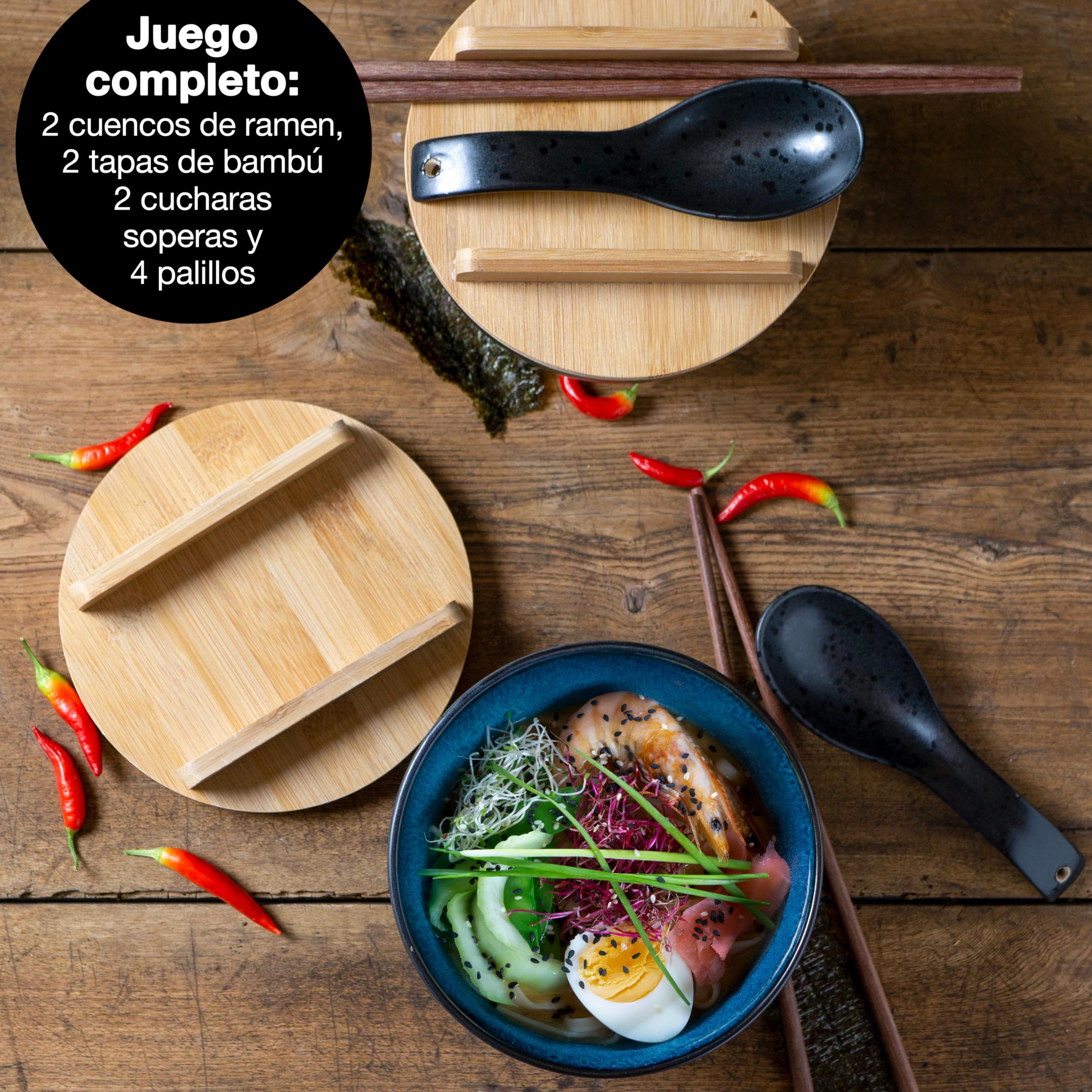 Moritz & Moritz Juego de 2 cuencos Ramen de cerámica, azul reactivo con tapa y cuchara, color negro, para 2 personas, para sopa, pho y sushi Bowl