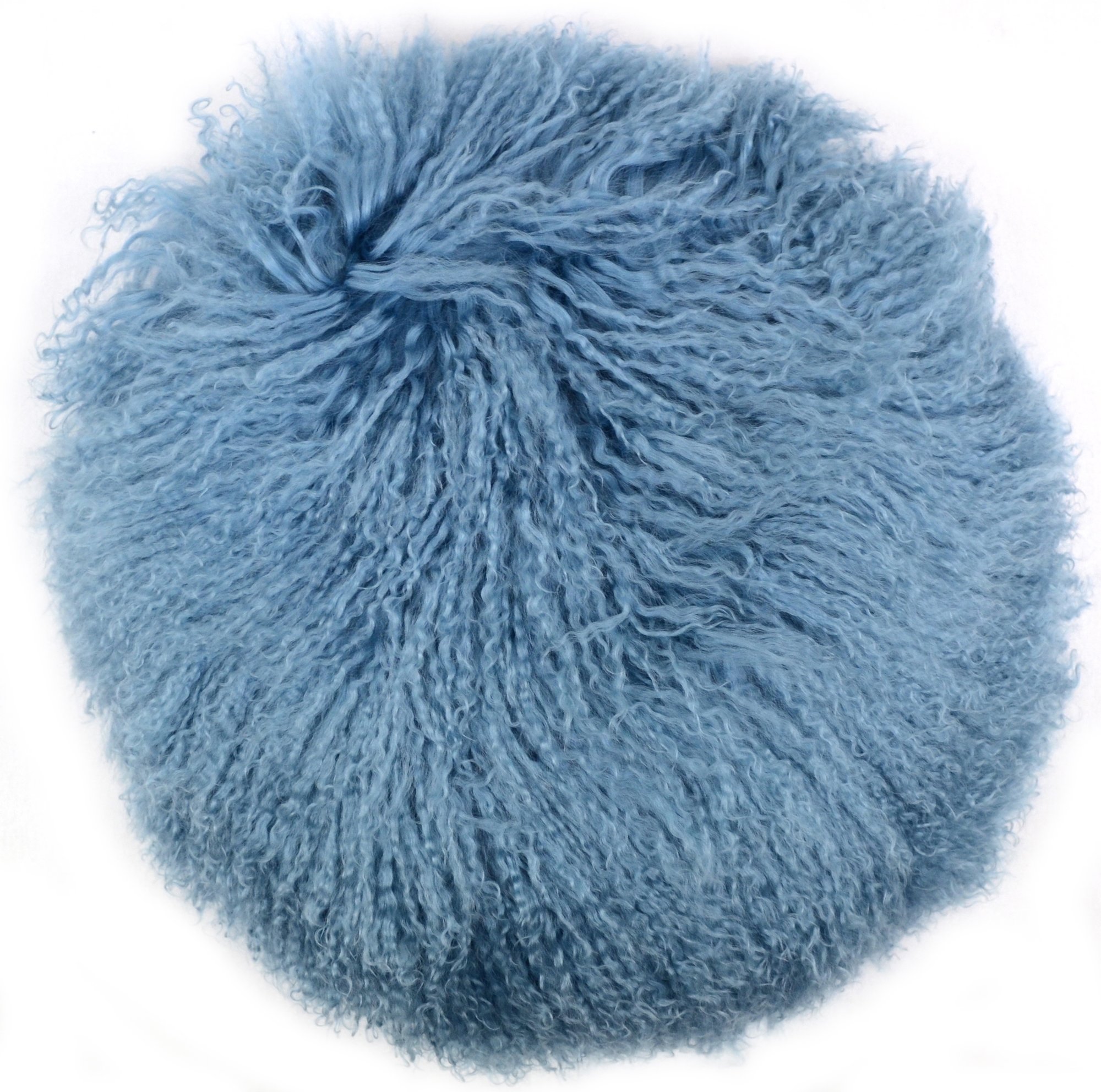SNUGRUGS Round Mongolian Long Curly Wool Sheepskin Cushion & Cushion Inner, Light Blue, Round 40cm