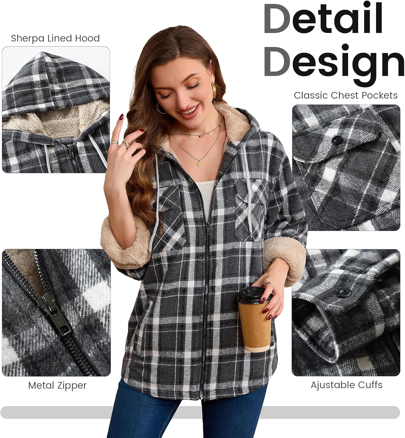 Women's Full Zip Fleece Flannel Jacket Plaid Sherpa Lined Jacket for Women - Image 5