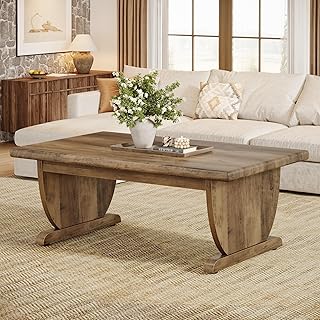 Tribesigns Rectangle Coffee Table, 48-Inch Large Wooden Low Coffee Tables for Living Room, Rustic Farmhouse Center Tea Table with Sturdy Pedestal Base, Easy Assembly, Medium Brown