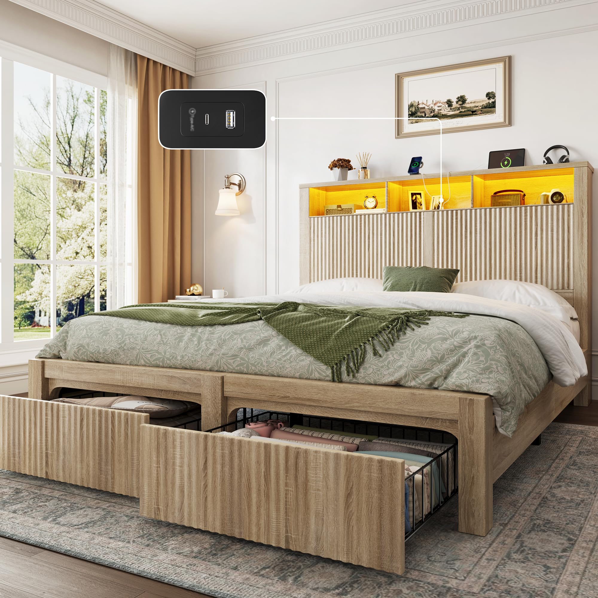 CypBed Full Size Bed Frame with Headboard and Storage Drawer Full Bed Frame with LED Light and Charging