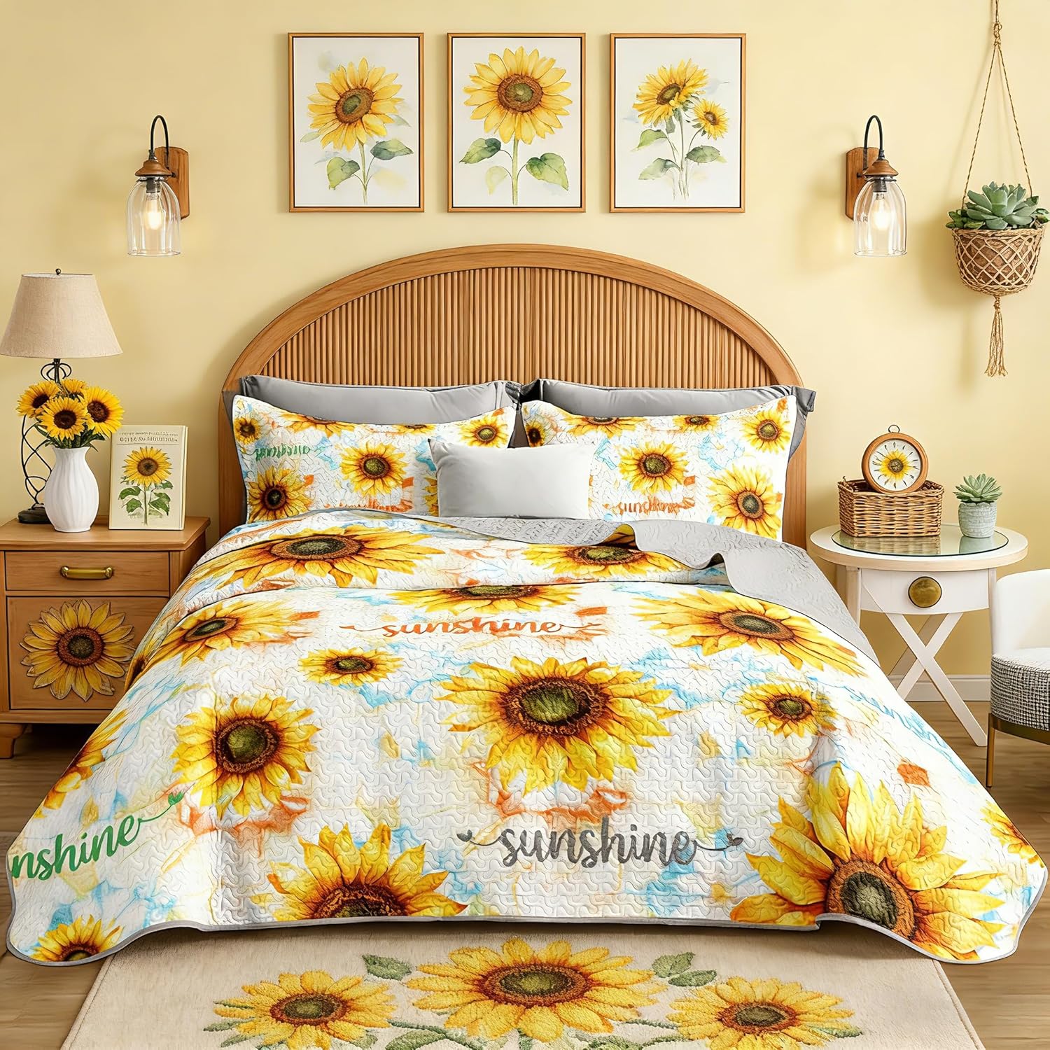 Yellow Sunflower Quilt Set King Size 3 Pieces,Beautiful Floral Summer Bedding with 2 Pillowcases,Soft Lightweight Quilted Quilt Bedding Sets for Adults Women Men Bedroom Decor.