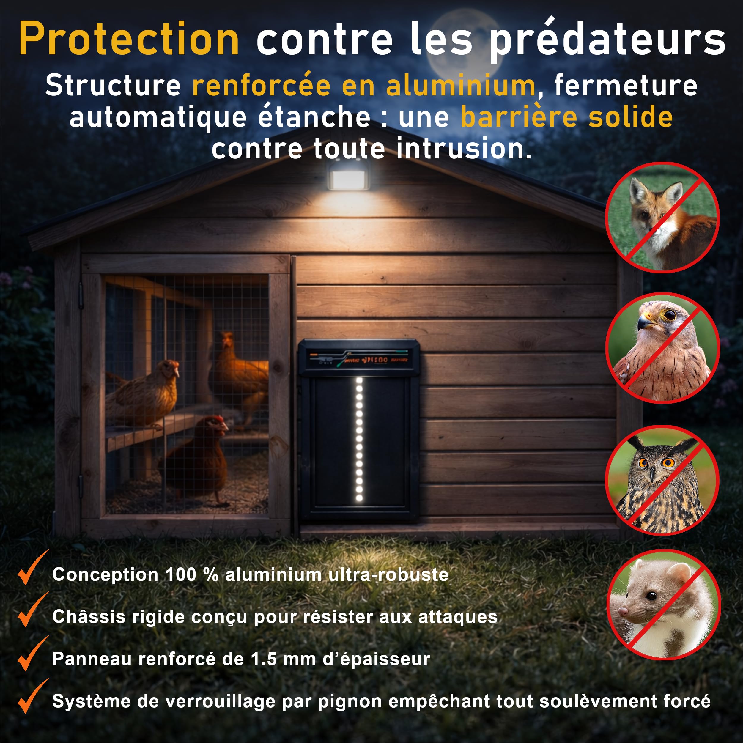 Porte Poulailler Automatique Solaire, Télécommande 120m, 4 Modes Timer/Luminosité, Anti-Pincement, Aluminium IP45, Batterie Rechargeable, 24x28cm