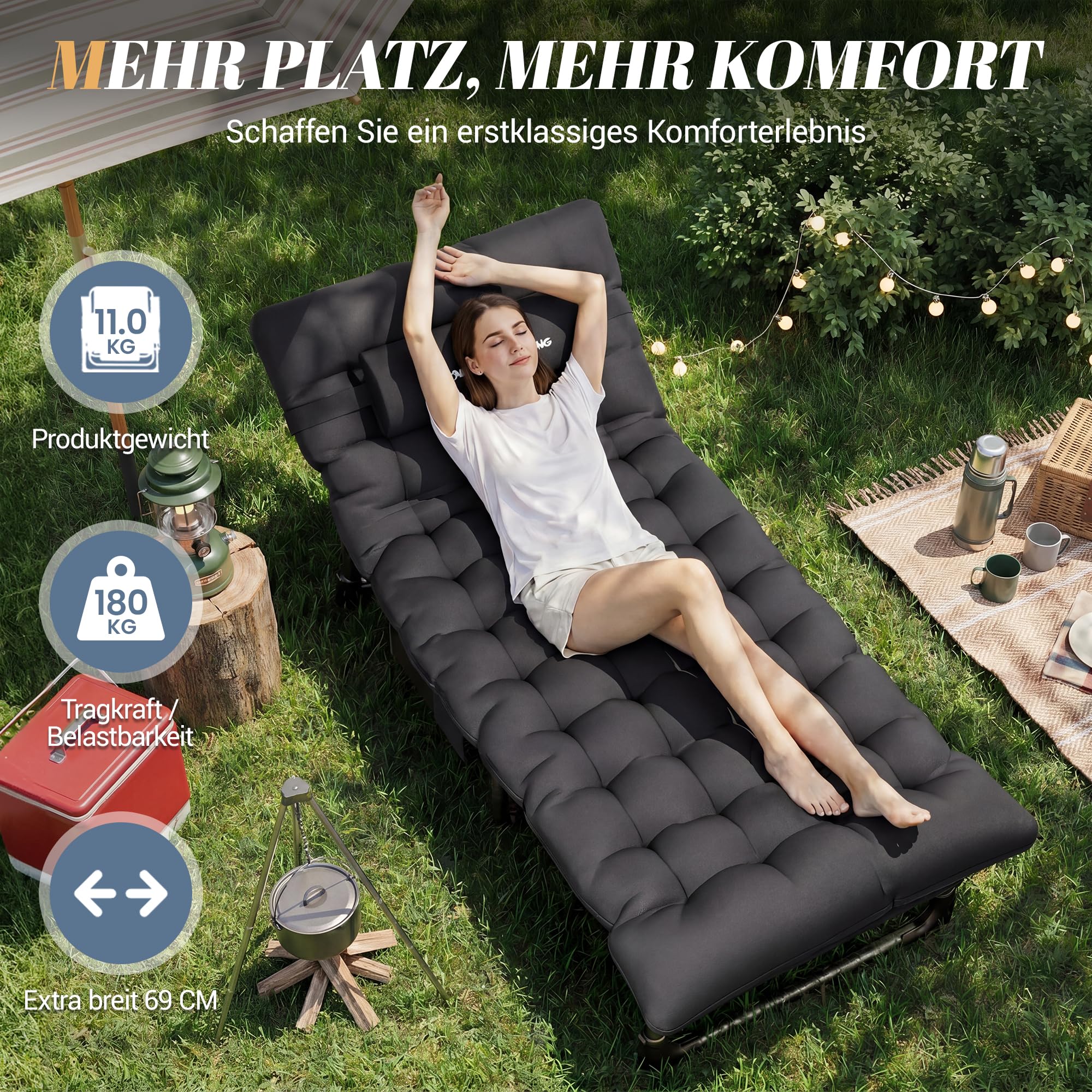 UDPATIO Camping Betten Feldbetten Klappbar, Liegestuhl Mit Auflage Polster, Gartenliege mit Verstellbarer Rückenlehne, Strandliege Campingliege für Outdoor Camping Schwarz
