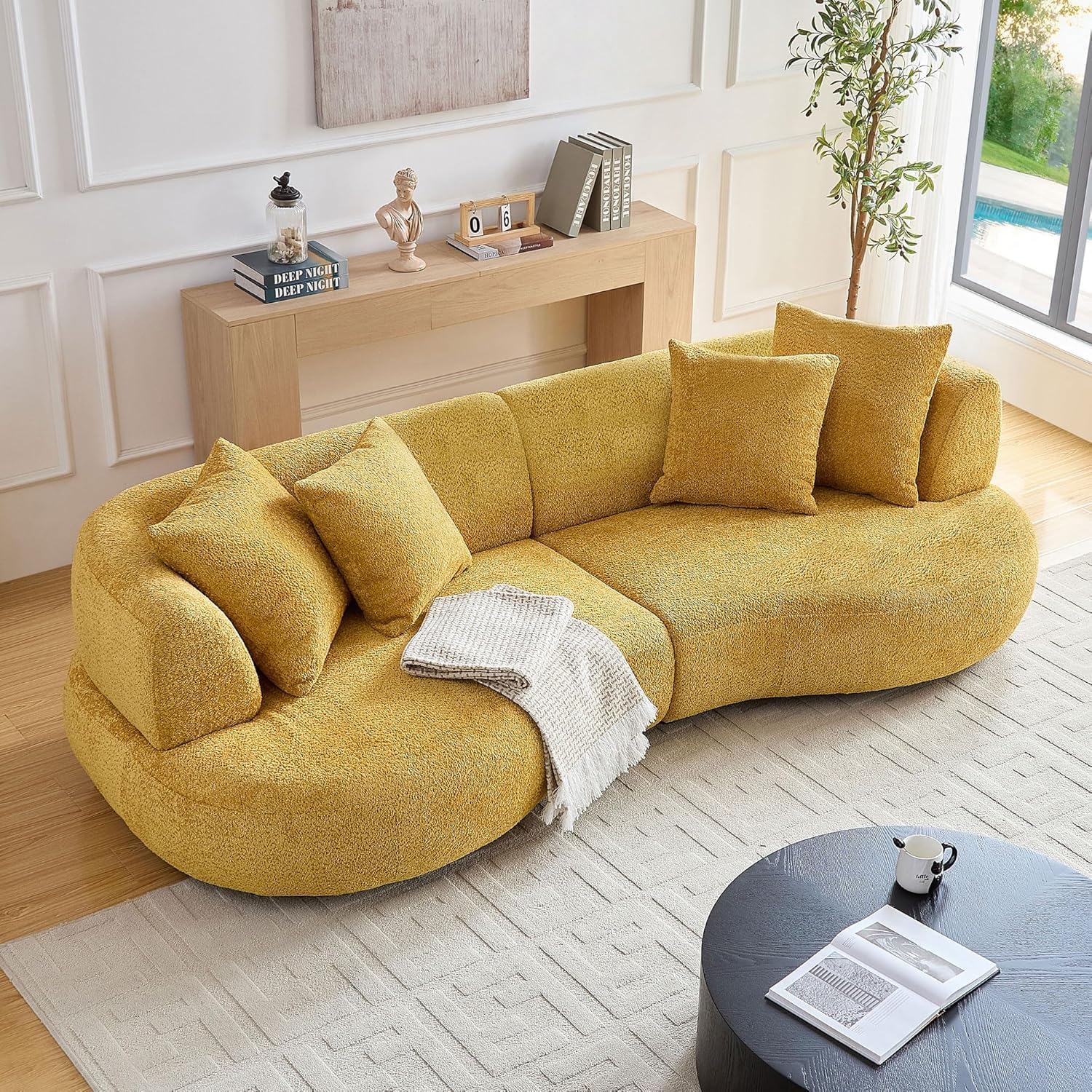 Modern Curved White Sofa Couch with Plush Pillows – 4 Seater Upholstered Living Room Sofa | Contemporary Minimalist Design for Home, Office & Lounge** (Yallow)