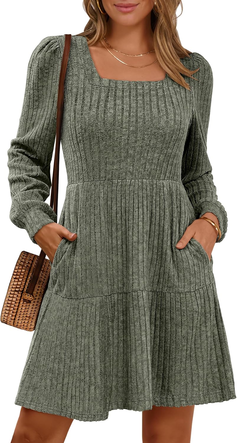 ANRABESS Women's Long Sleeve Fall Dress 2025 Square Neck Casual Ribbed Knit Comfy Soft Short Sweater Dresses with Pockets