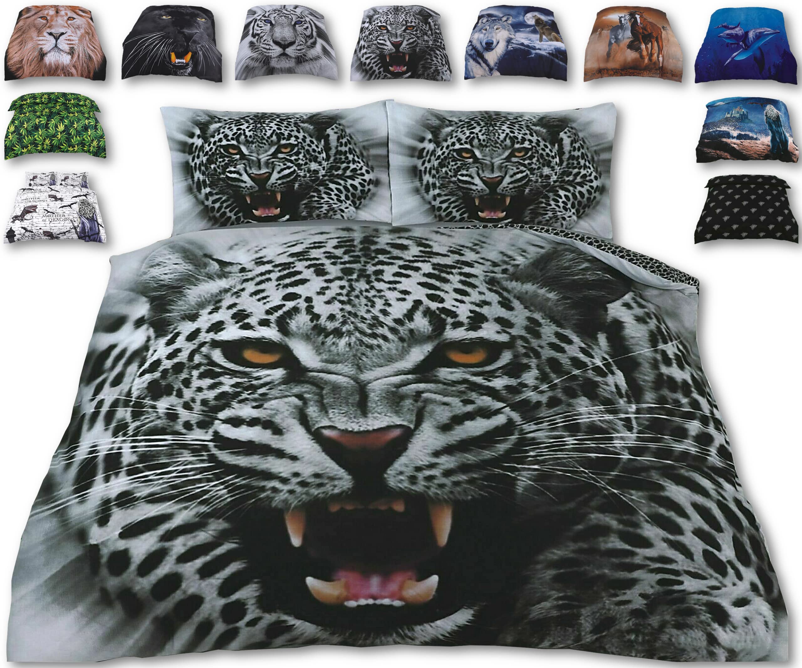 Thewhitewater Limited Girls Leopard Print Angry Snow Leopard Bed Set –3D Animal Printed King Beddings Duvet Cover + Matching Pillowcases - Premium Quality Print Design – Natural Cotton + Virgin Polyester (Snow Leopard, King Size)