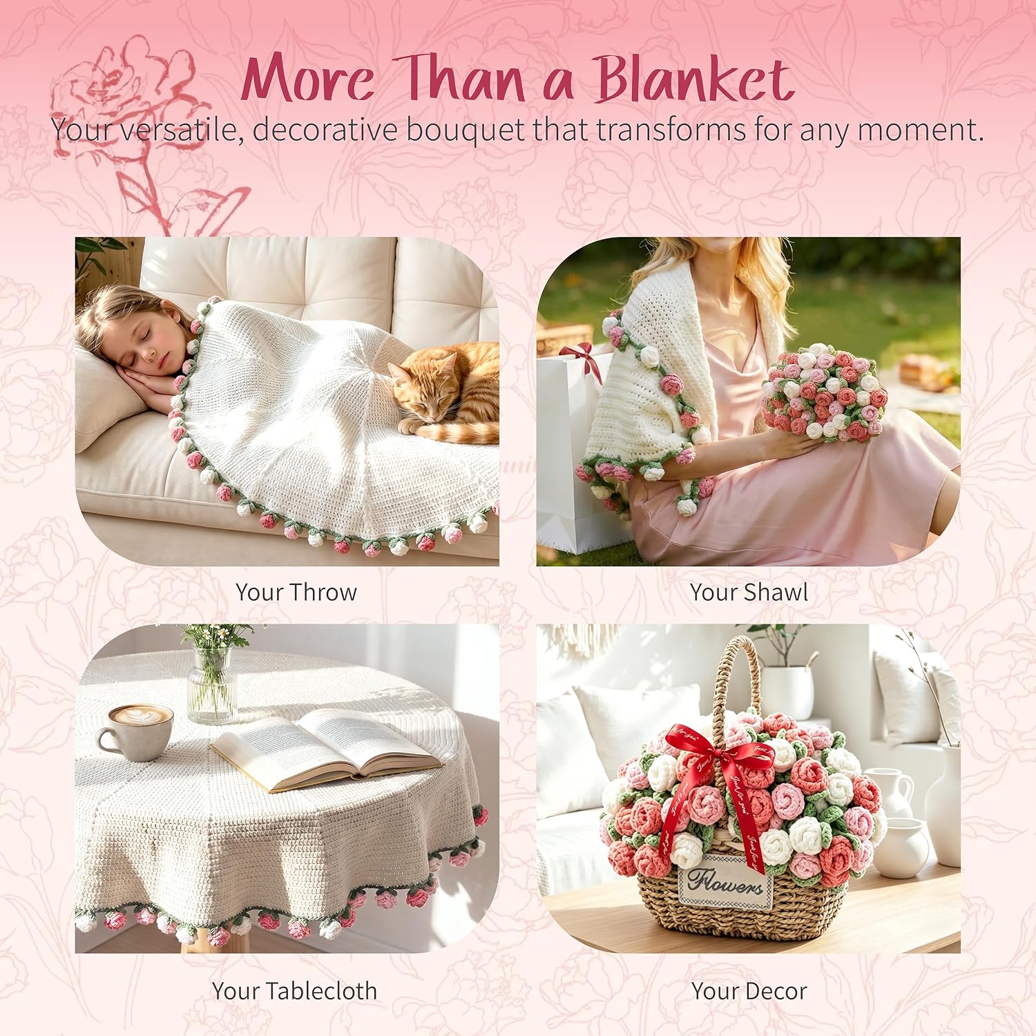 Pink Rose Crochet Flower Bouquet Blanket 43 Inch Throw 60 Rose Flowers | Gift Bag, Writable Card, Machine Washable, Hand-Crocheted Pink Roses, Ready for Birthdays, Holidays, or Anniversaries.