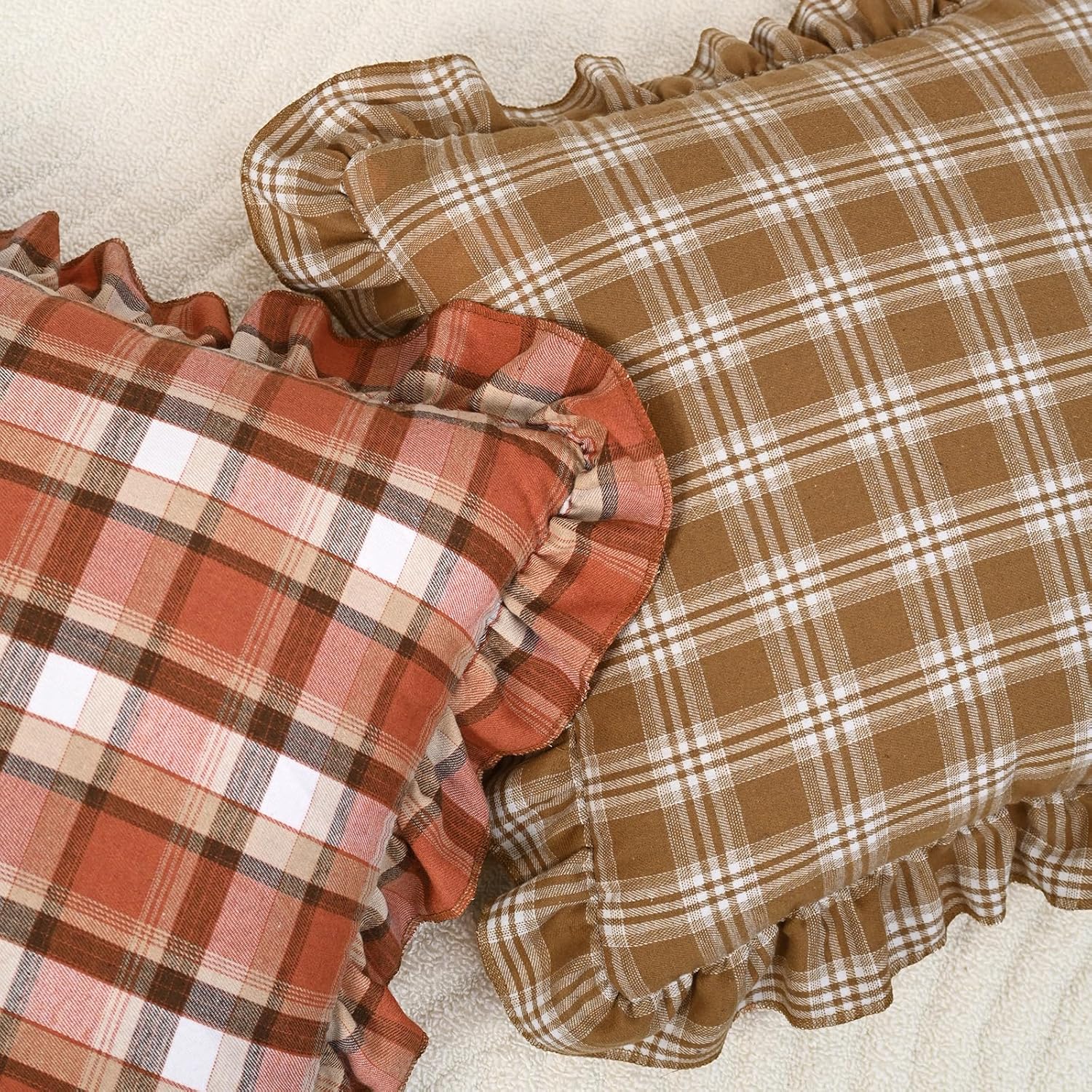 vctops Pack of 2 Ruffled Decorative Throw Pillow Covers 18x18 Inch Christmas Plaid Cushion Case Boho Farmhouse Home Decor Accent Soft Pillowcases for Couch Bed Livingroom (Caramel A,18"x18")