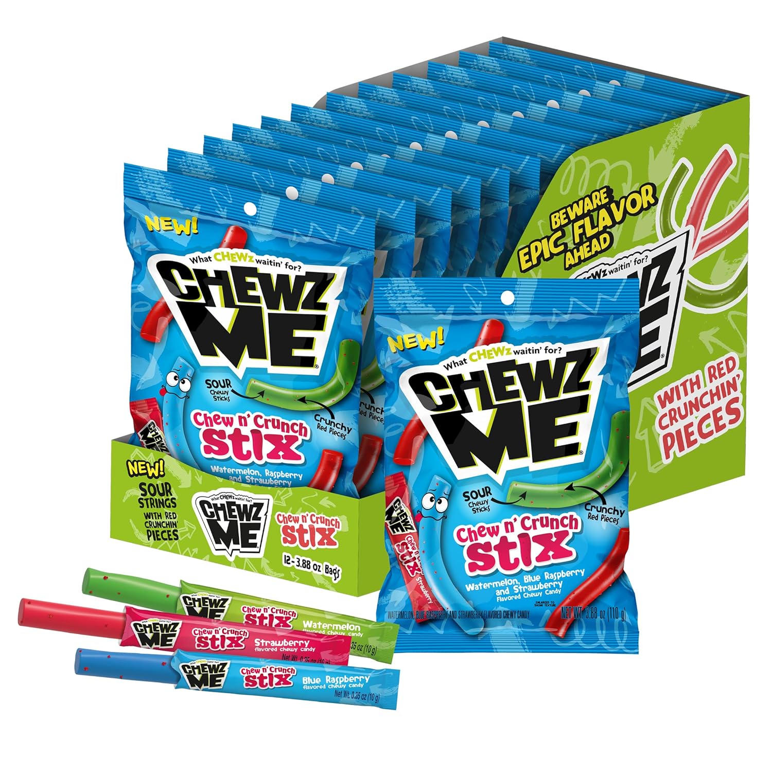 ChewzMe Fruit Chews Candy Straws - 30 Count Strawberry Blue Raspberry Watermelon Candy