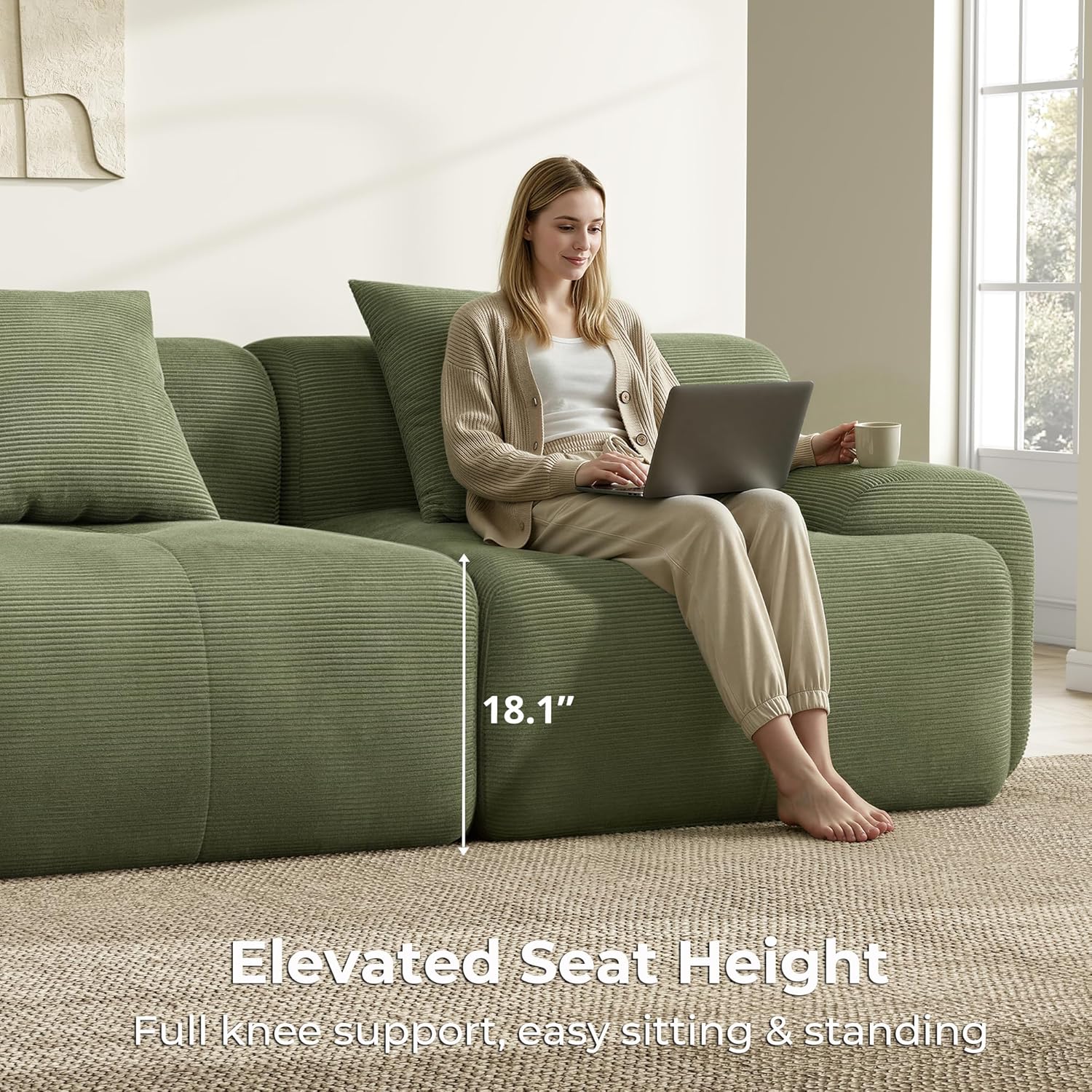 A person sitting comfortably on the LIKIMIO sofa, showing the 18.1 inch elevated seat height