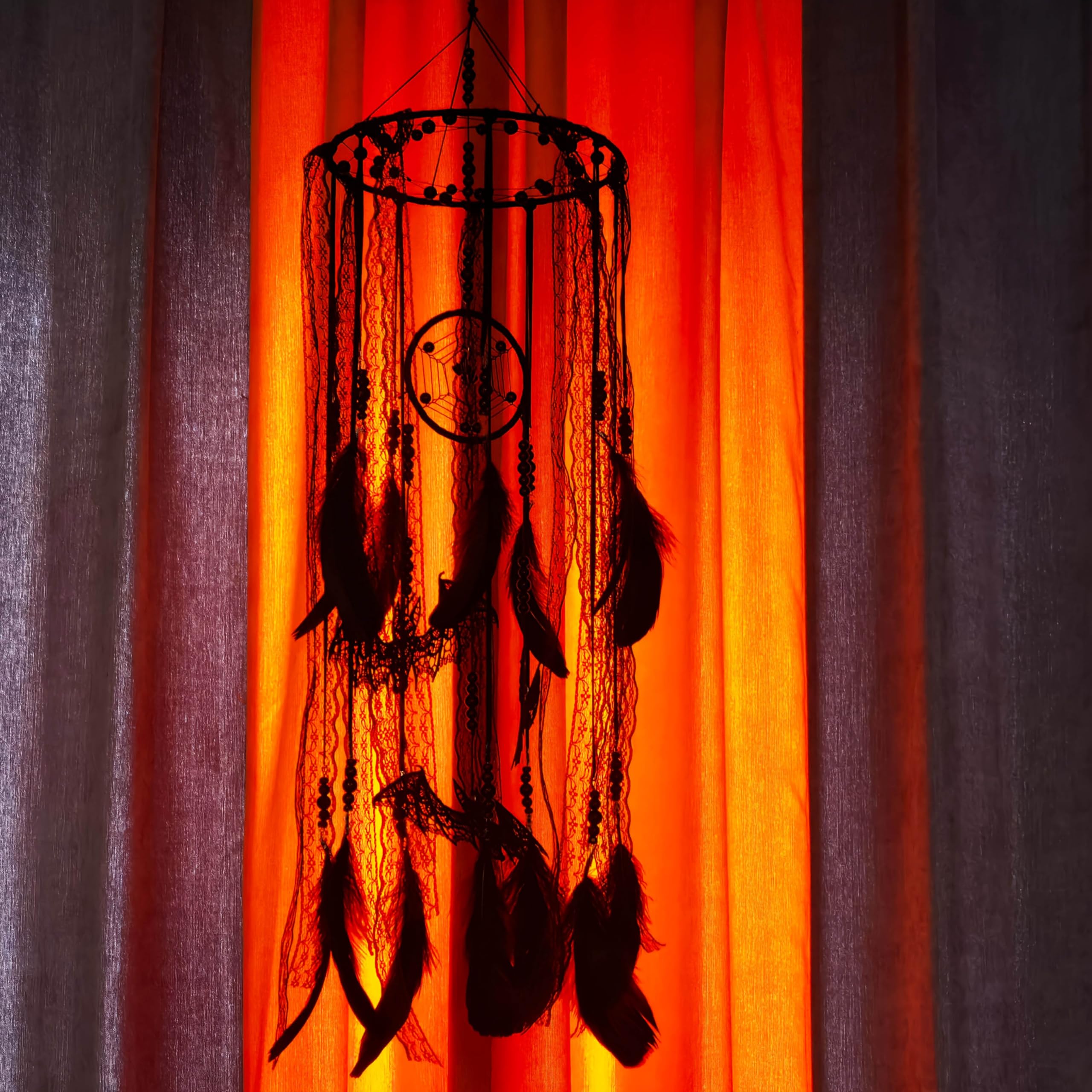 Remorlet Gothic Black Bat Dream Catcher Spooky Feather & Bead Hanging Decoration for Halloween Party, Halloween Home Decor