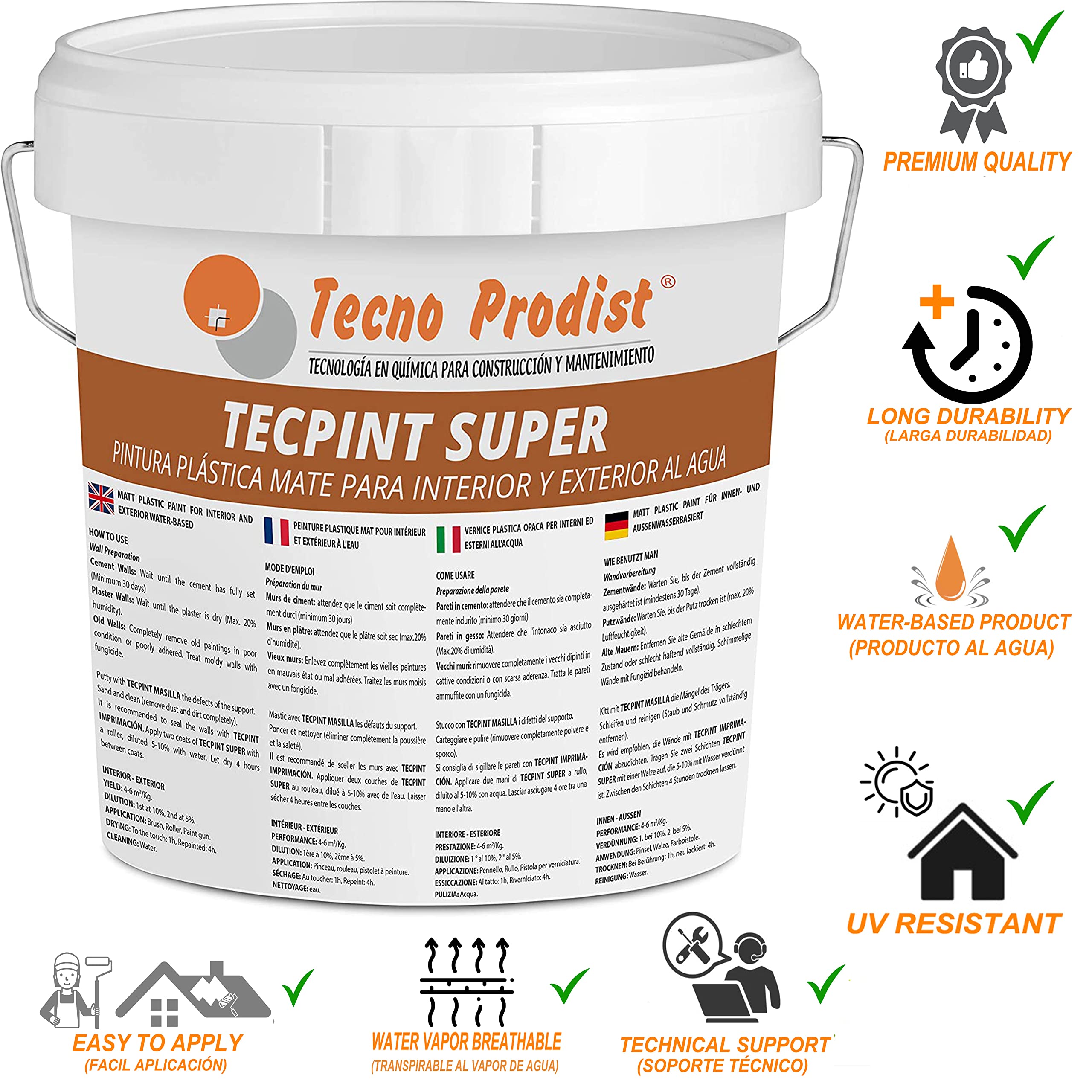 Tecno Prodist TECPINT SUPER by 11 Kg (BIANCO) Idropittura per Interni ed Esterni – Pittura ad acqua di ottima copertura e bianchezza – Idropittura Lavabile - Facile Applicazione