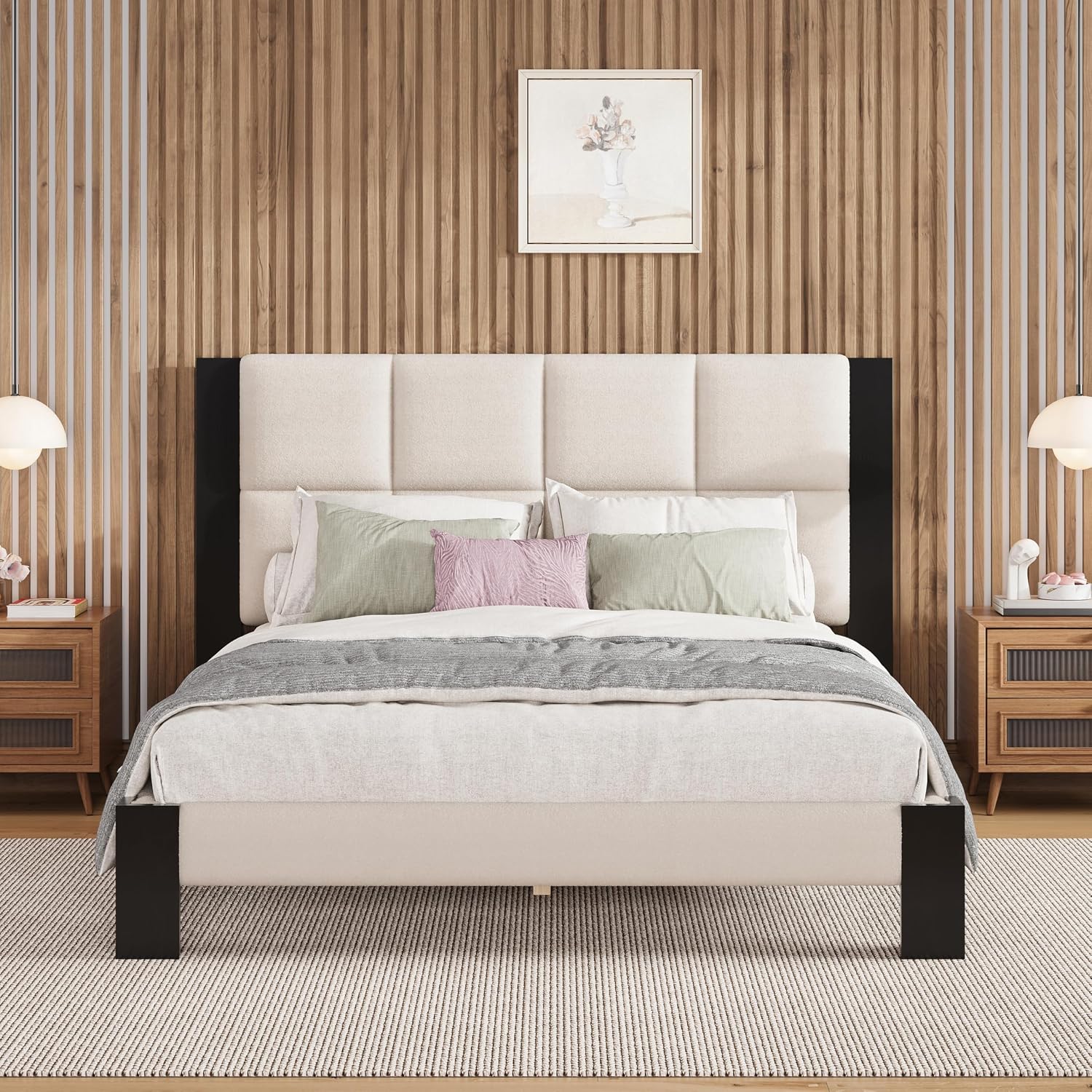 Christopher Knight Home Fizz Boucle Upholstered Queen Bed Frame with Headboard, Wood Platform Bed Frame Queen Size, Solid and Stable Bedframe, No Box Spring Needed, Noise Free, Beige + Black