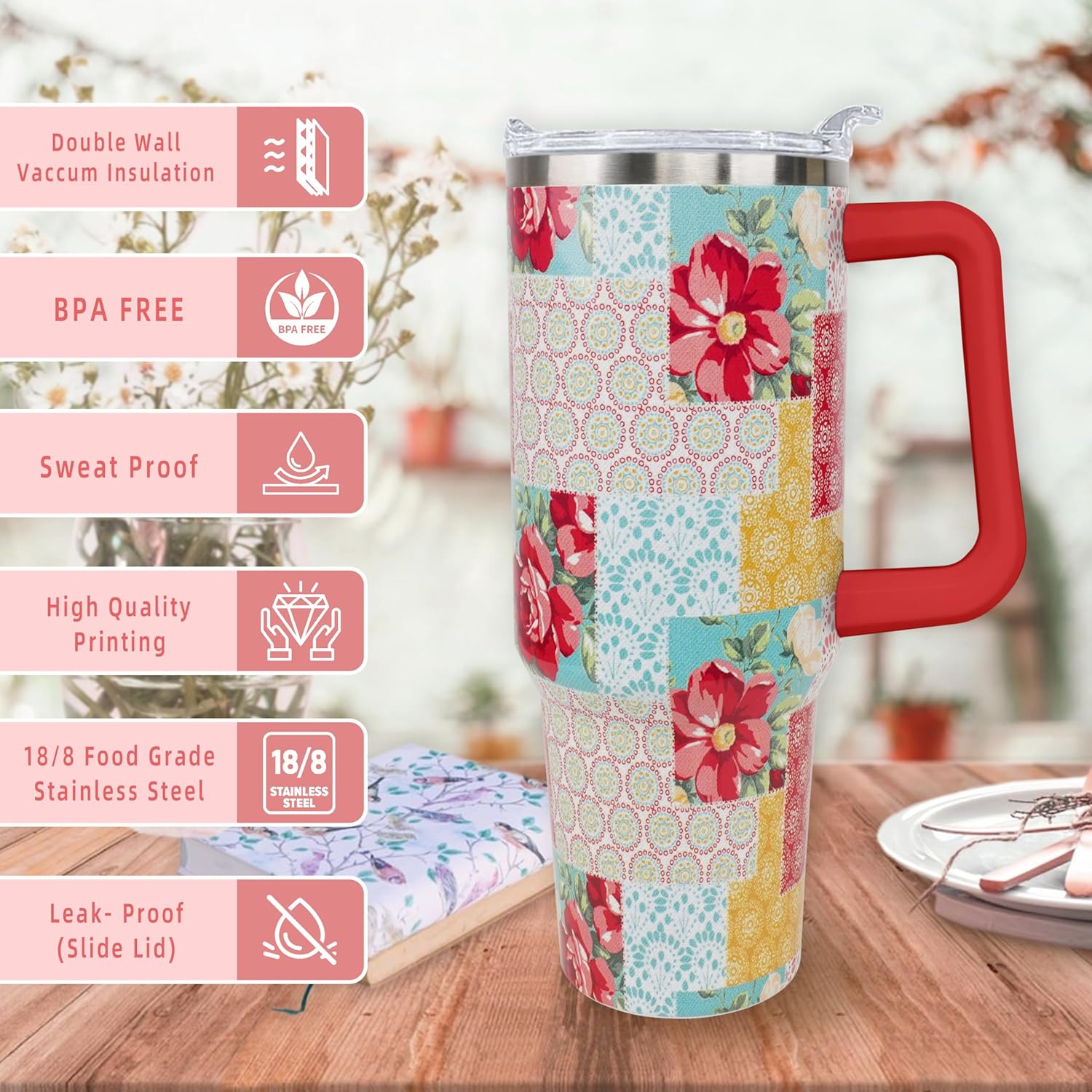 Sunmdecor Mother's Day Gift for Mom Grandma - Pioneer Woman Tumbler with Handle and Silicone Straws - 40 Oz Flower Cups Insulated Tumbler - Birthday Gifts for Women Girlfriend - Image 4