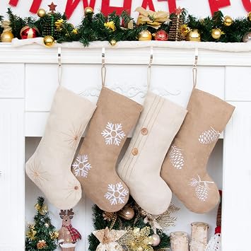 GEX Christmas Stockings 4 Packs for Family 18.5" Large Linen Embroidery Classic Christmas Stockings Burlap Minimalist Rustic Large Hanging Ornament Decorations for Fireplace Xmas Season Set of 4
