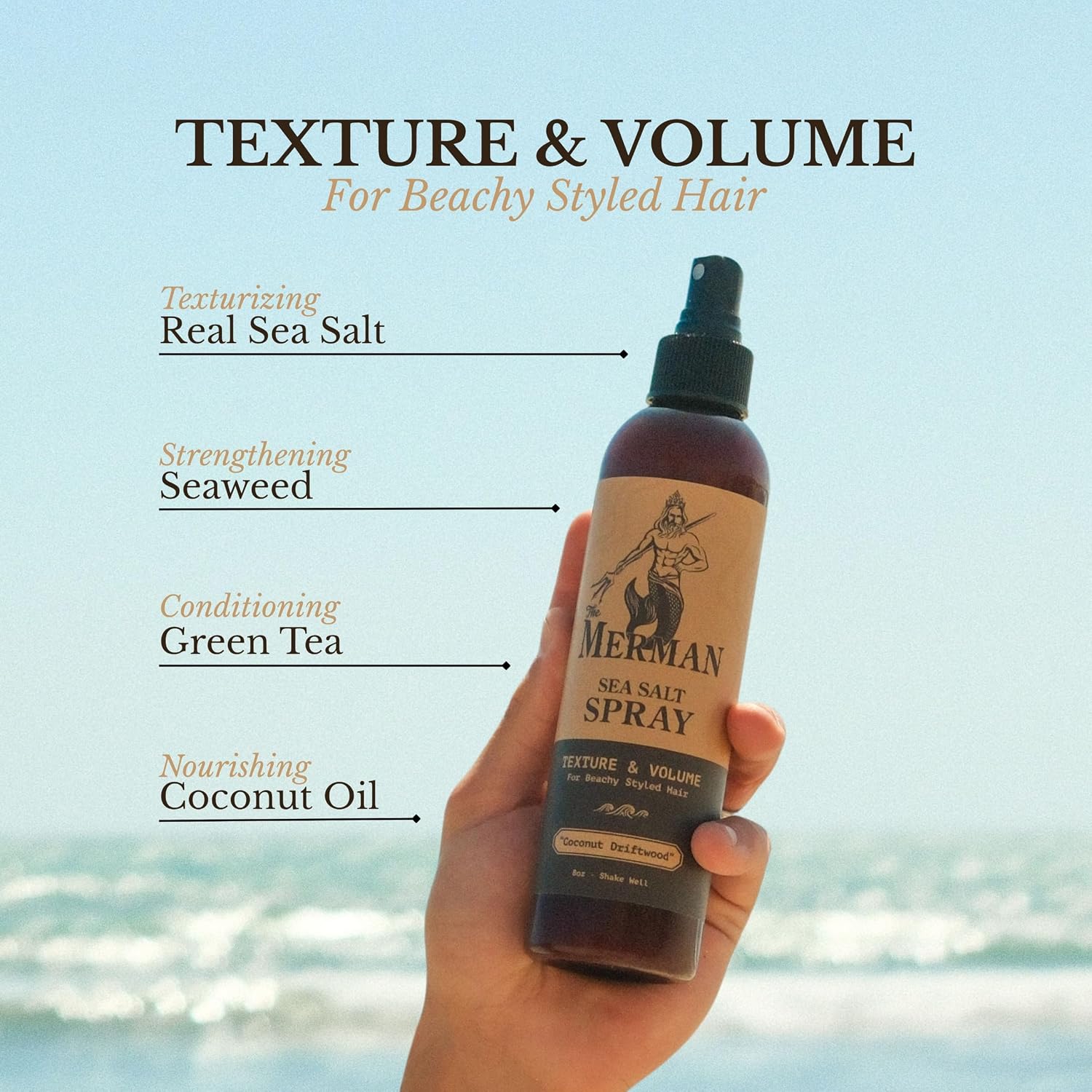 Sea Salt Spray for Hair Texture, Volume & Frizz Control, 8 oz | Made With Aloe Vera, Coconut Oil & Pink Himalayan Salt for All Hair Types. Coconut Driftwood Scent.